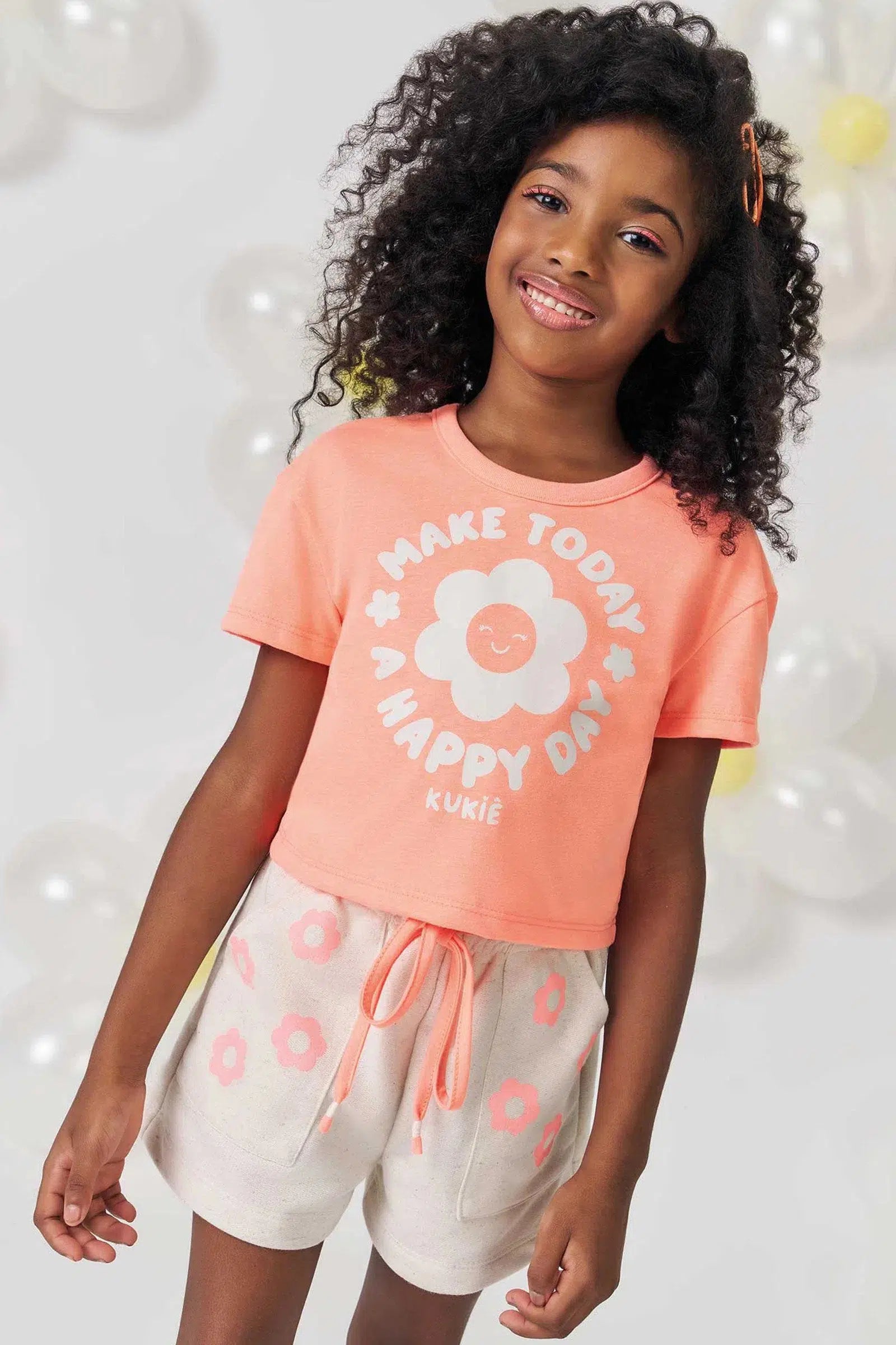 Conjunto Infantil Menina de Blusa Boxy em Meia Malha e Shorts em Moletom Linho 81573 Kukiê