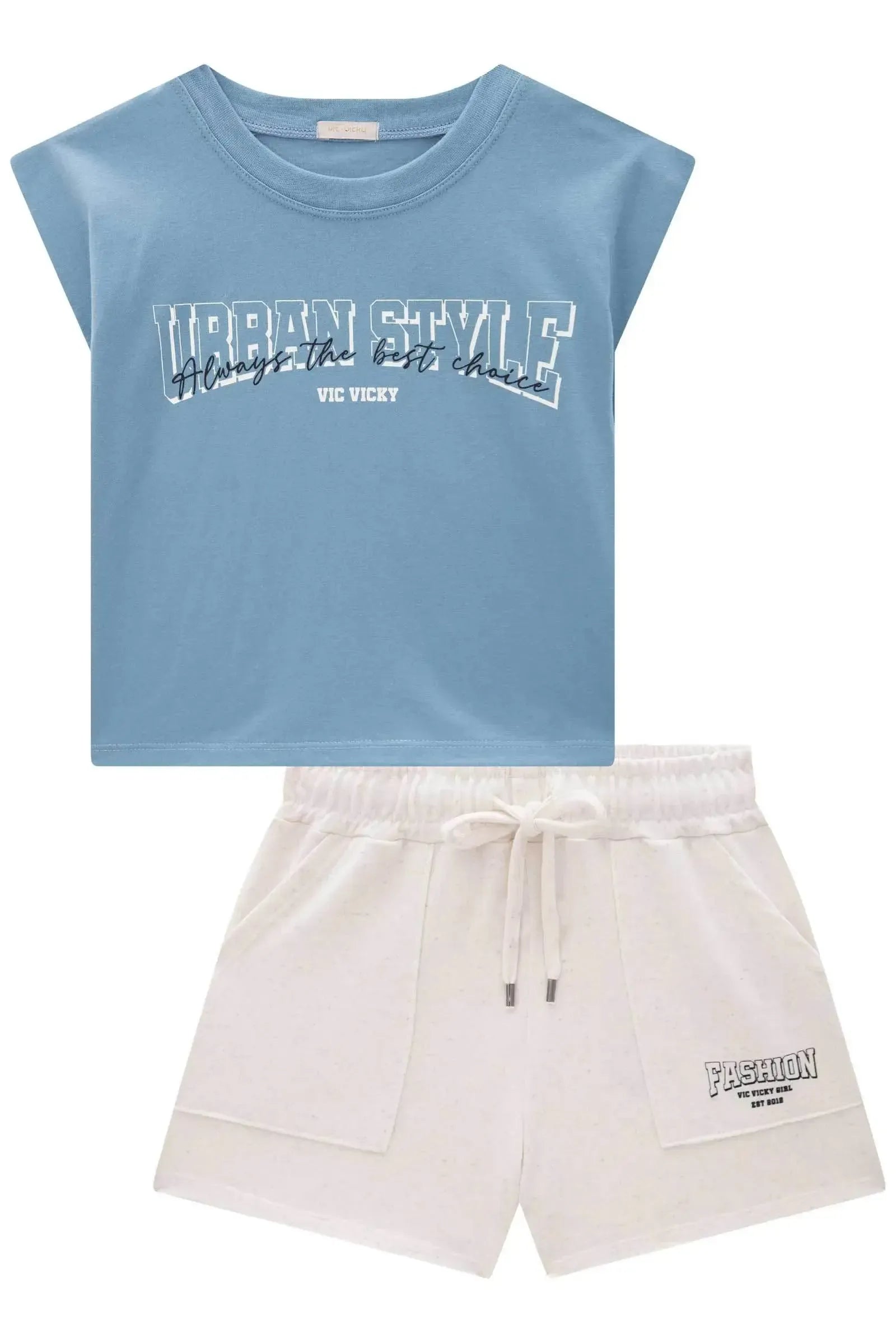 Conjunto de Blusa Boxy Muscle em Meia Malha e Shorts em Molevisco 84927 Vic&Vicky Teen Menina