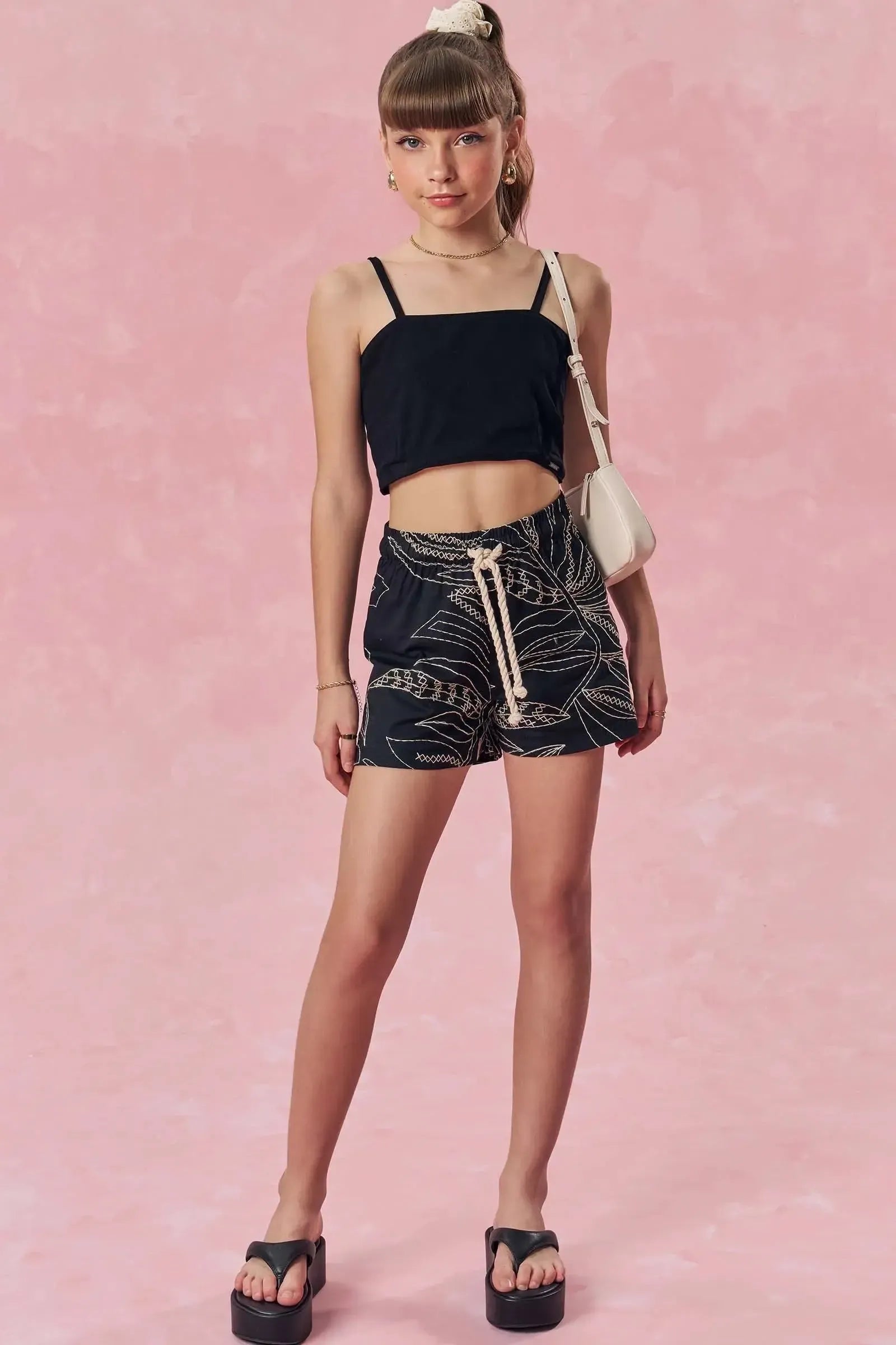 Conjunto de Blusa Cropped em Ribana Fancy e Shorts em Alfaiataria Hi Dense 85326 Vic&Vicky Teen Menina