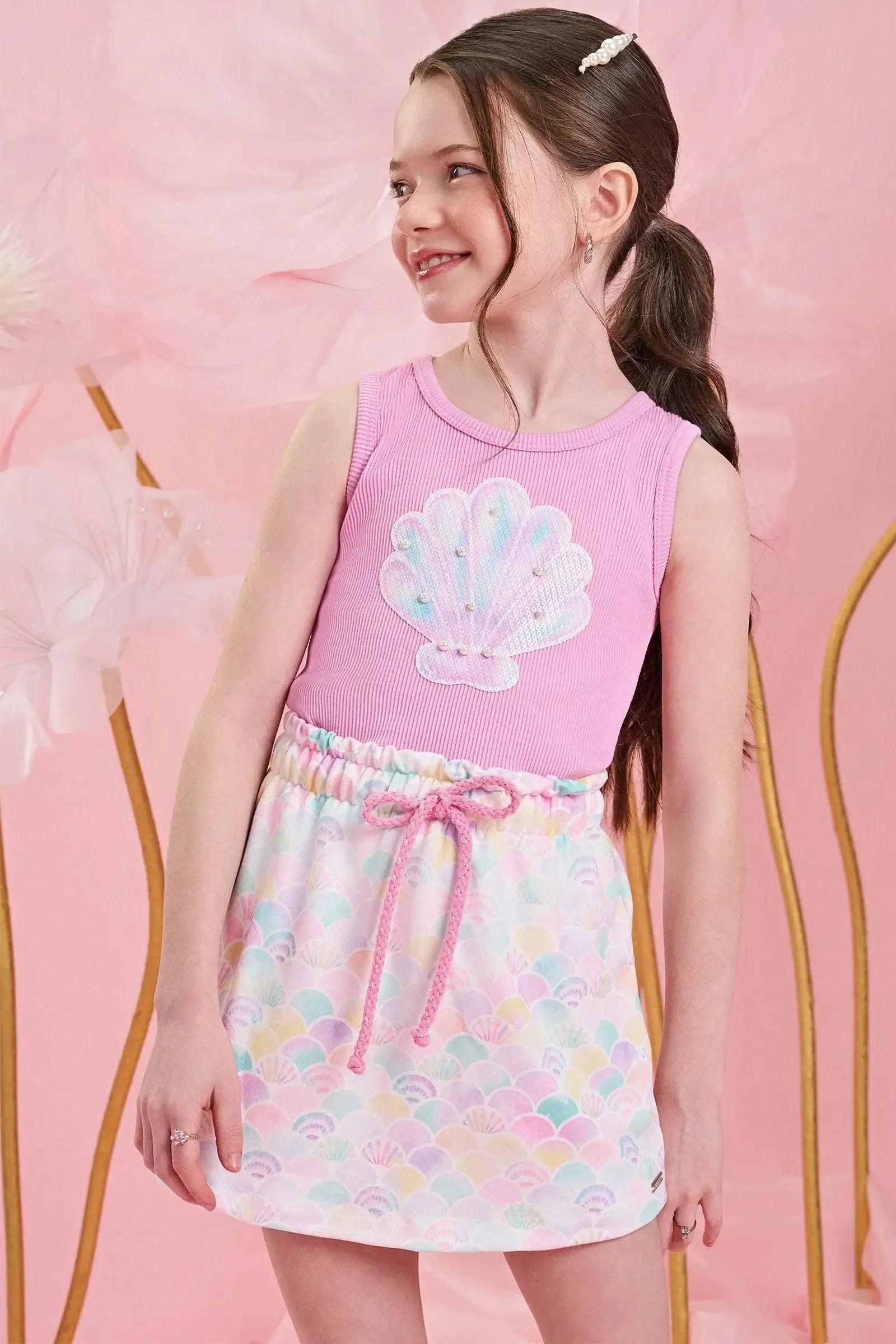 Conjunto de Blusa Regata em Soft Line e Short Saia em Molecotton 84312 Infanti Infantil Menina