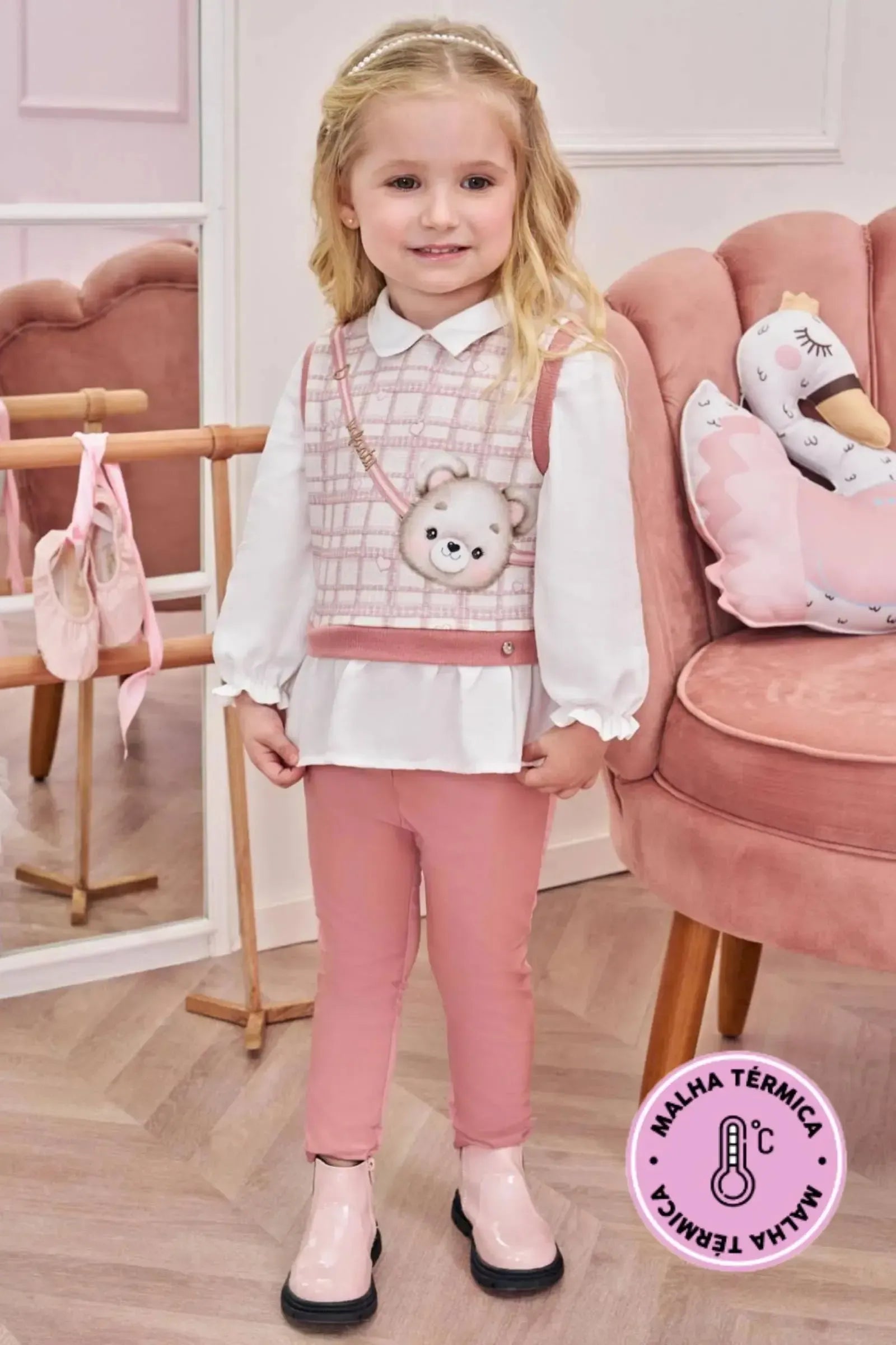 Conjunto de Camisa em Viscose Sarjada e Molecotton com Calça Legging em Couro e Termoskin 80349 Infanti Bebê Menina