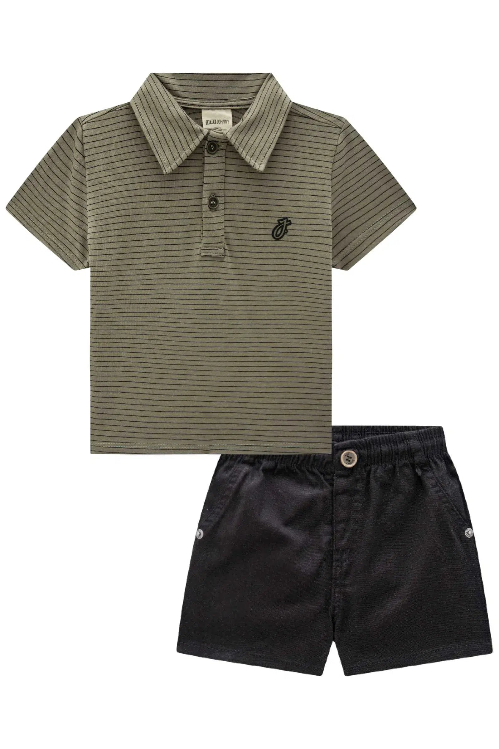 Conjunto de Camisa Polo em Cotton Listrado e Bermuda em Sarja Ônix com Elastano 81630 Johnny Fox