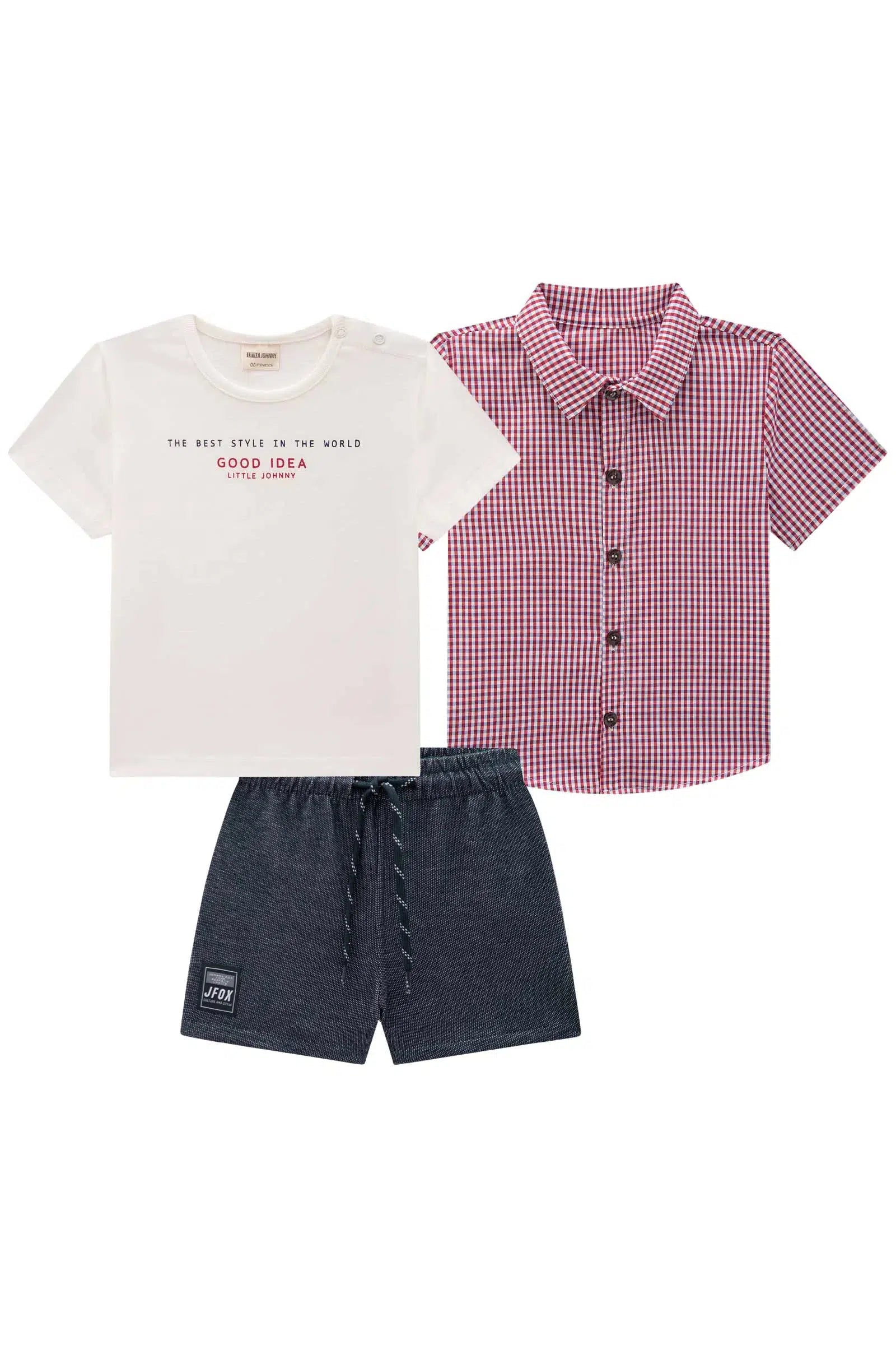 Trio de Camiseta em Meia Malha, Camisa Xadrez e Bermuda em Malha com Elastano 81692 Johnny Fox