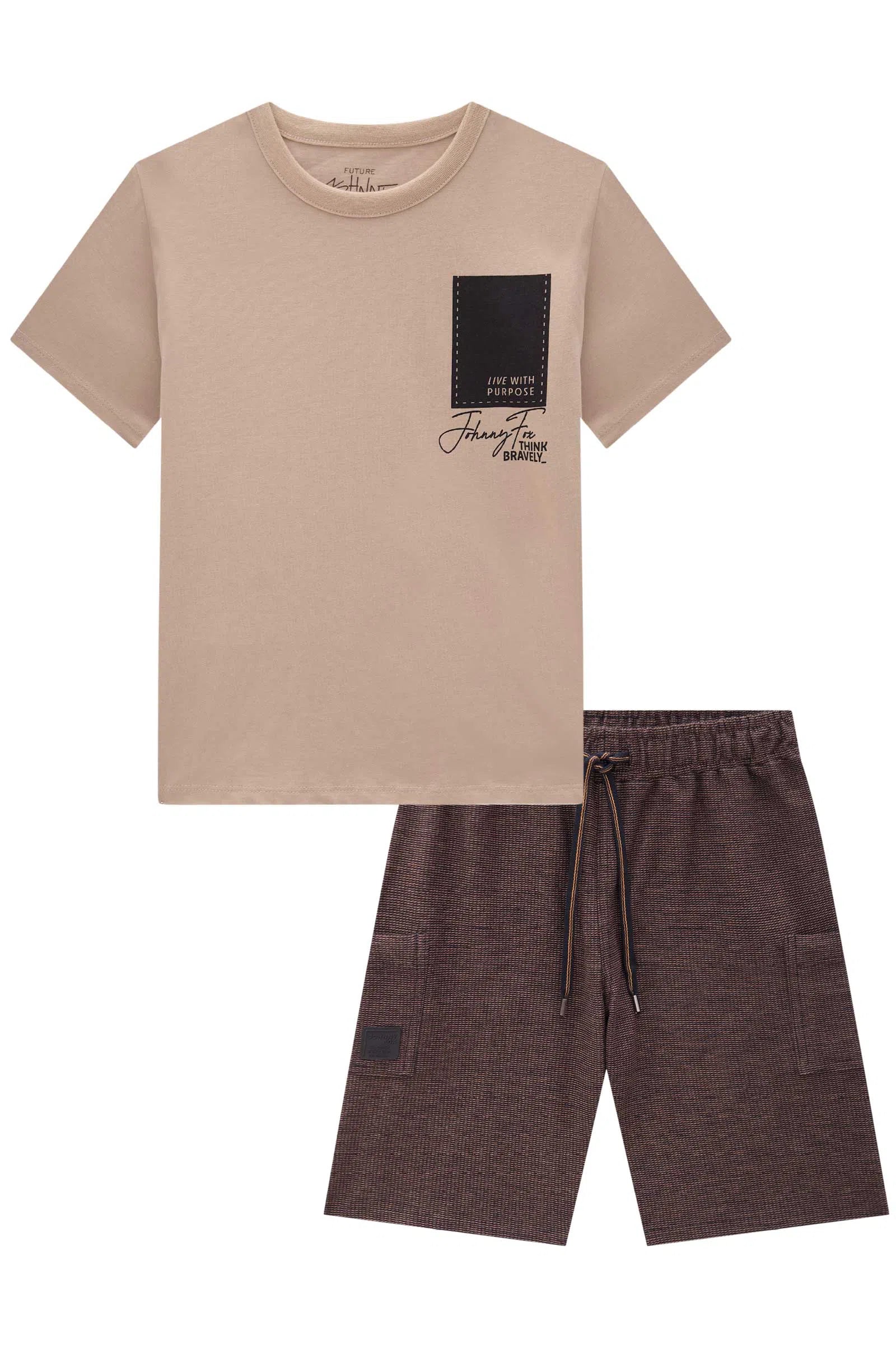 Conjunto de Camiseta em Meia Malha e Bermuda em Molecotton Diagonal 82019 Johnny Fox