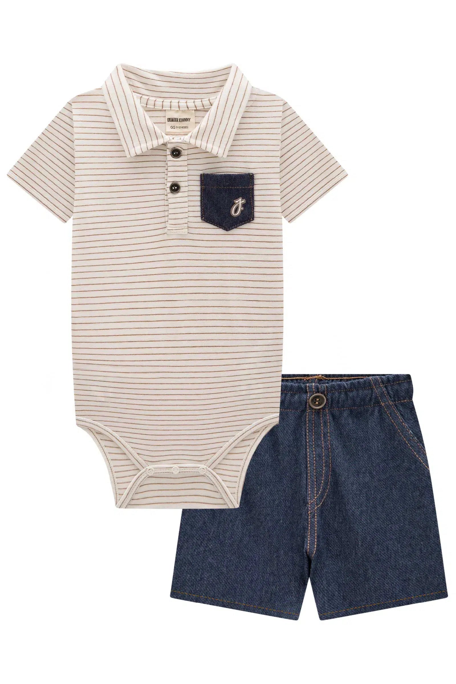 Conjunto de Body em Cotton Listrado Fio Tinto e Bermuda em Cotton Jeans com Elastano 82190 Johnny Fox