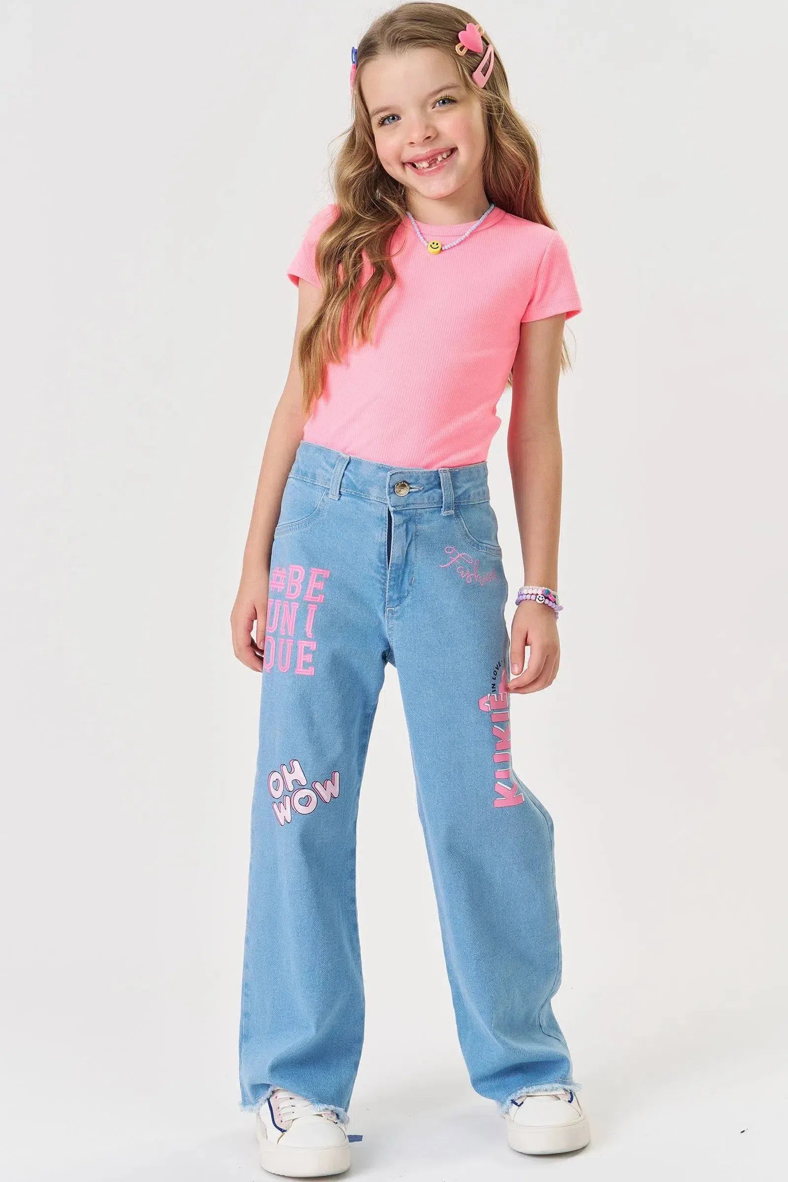 Calça Wide Leg em Jeans com Elastano 81108 Kukiê Infantil Menina