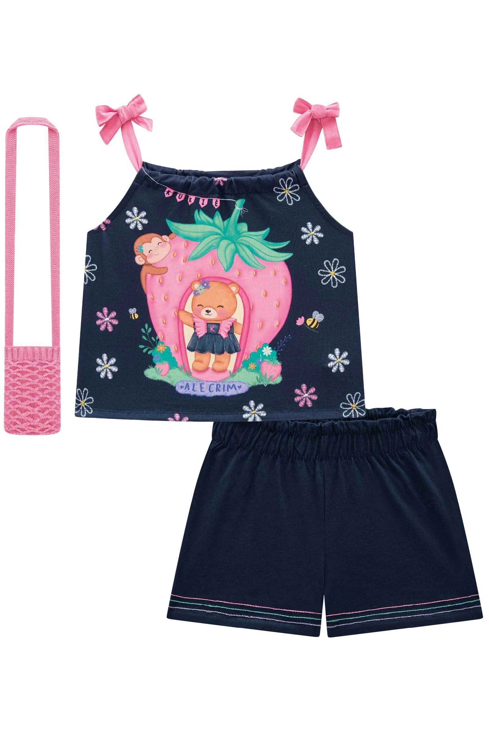 Conjunto Blusa Boxy e Shorts em Malha Fresh. Acompanha Bolsa em Tricô. 74693 Kukiê