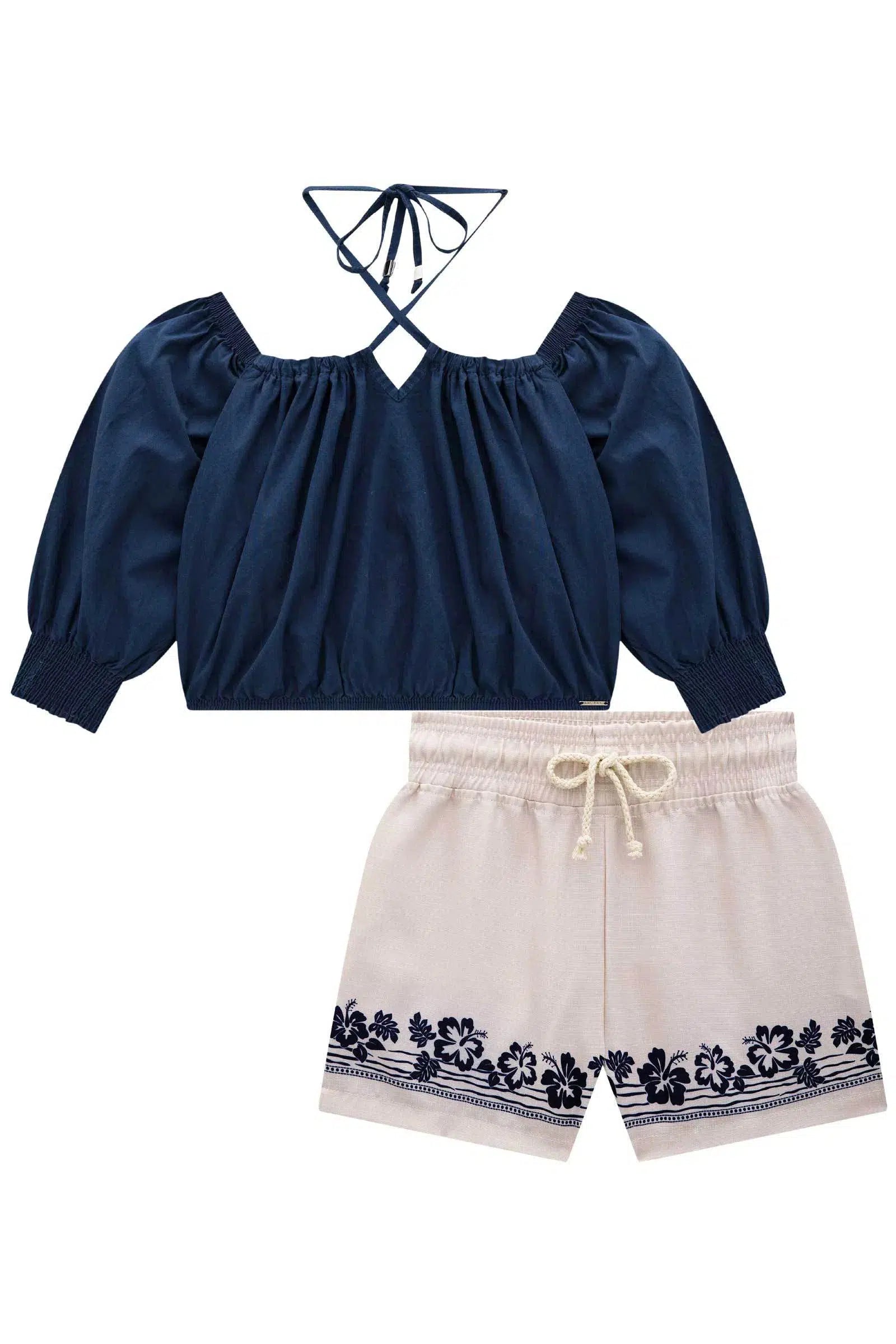 Conjunto Blusa Cropped em Tricoline e Shorts em Linen Look Resort 74545 Lilimoon