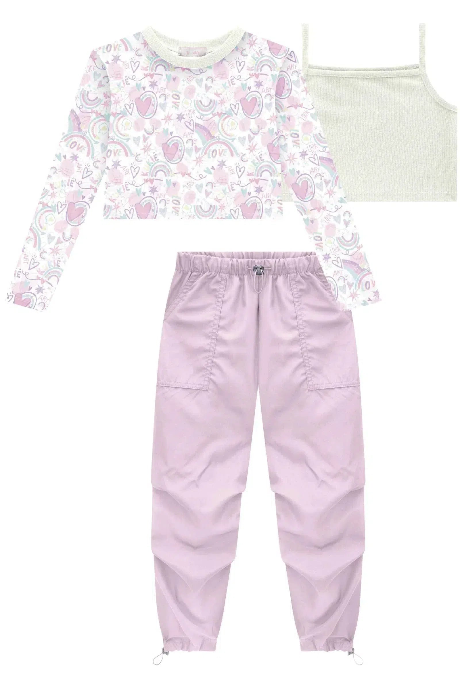 Conjunto Blusa Cropped em Tule Top em Canelado e Calça Parachute em Nylon 81072 Kukiê Infantil Menina