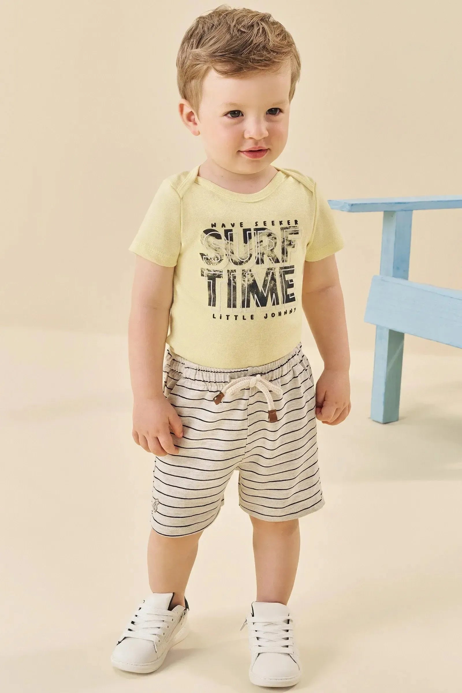Conjunto Body em Ribana e Bermuda em Cotton Listrado Fio Tinto 84712 Johnny Fox Bebê Menino