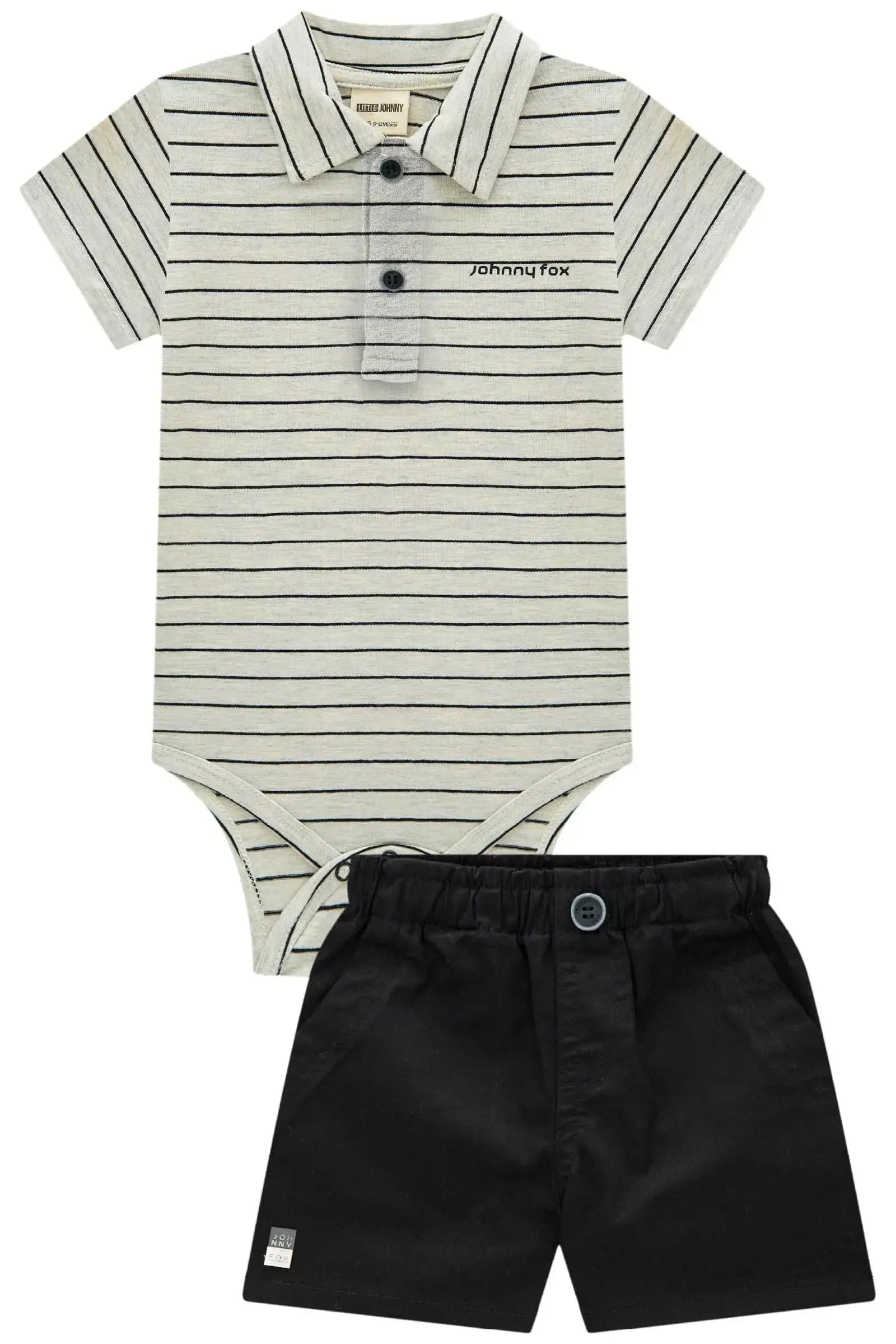 Conjunto Body Polo em Cotton Listrado Fio Tinto e Bermuda Sarja Caribe com Elastano 84657 Johnny Fox Bebê Menino