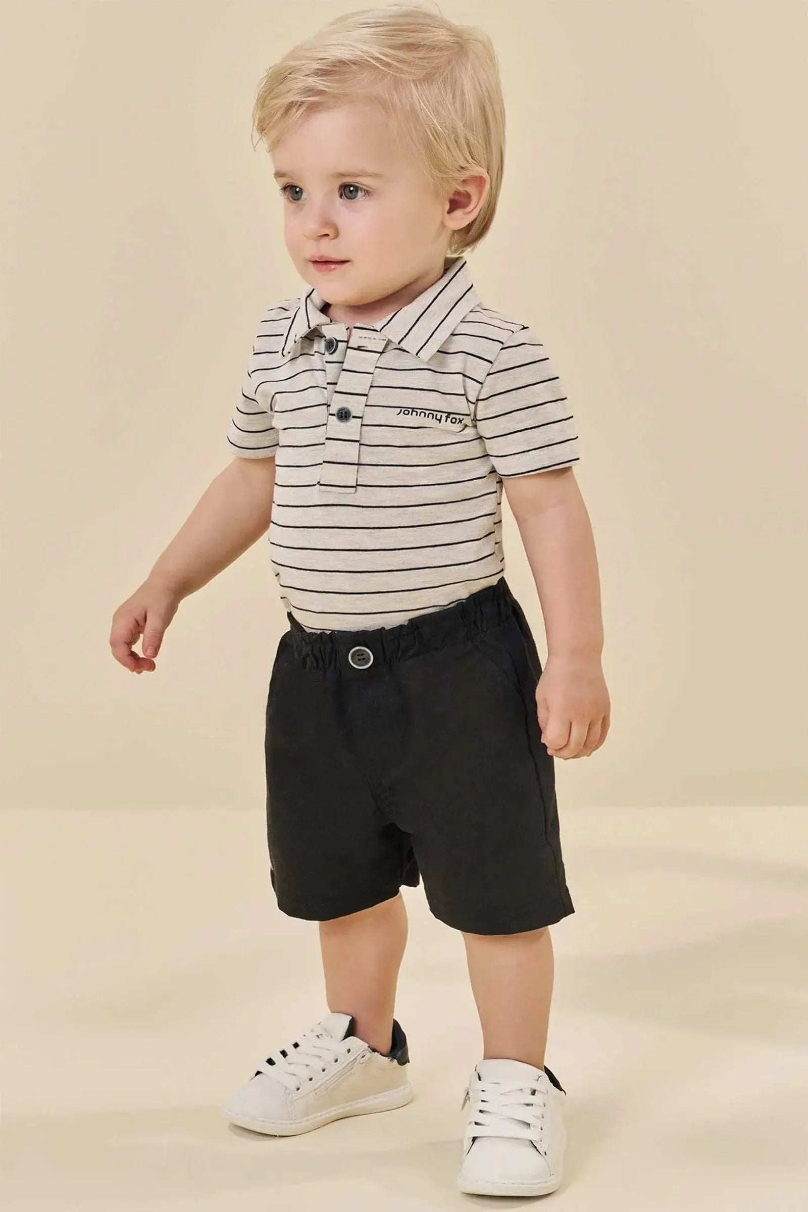 Conjunto Body Polo em Cotton Listrado Fio Tinto e Bermuda Sarja Caribe com Elastano 84657 Johnny Fox Bebê Menino