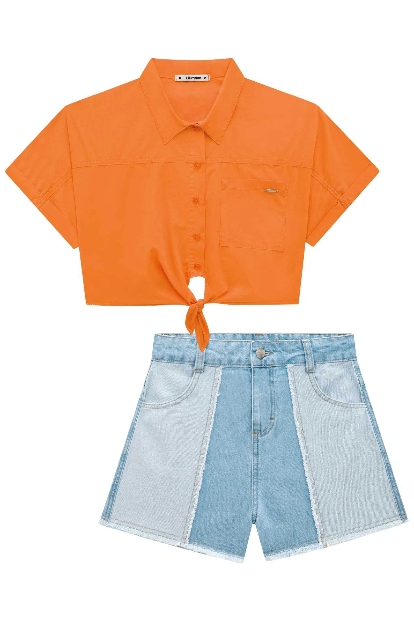 Conjunto Camisa em Tricoline e Shorts em Jeans Arkansas 73139 Lilimoon