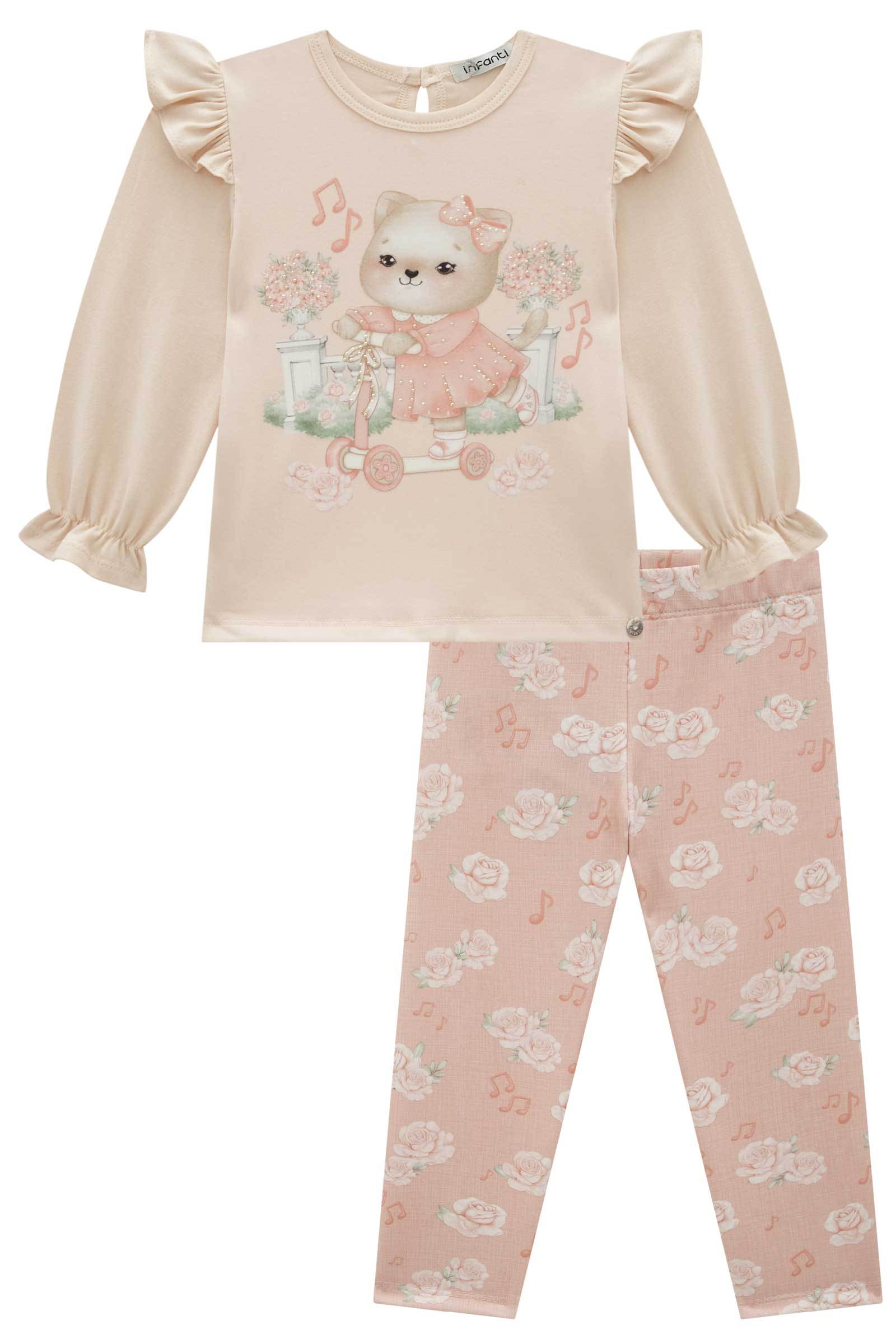 Conjunto de Bata em Cotton com Calça Legging em Molecotton 80355 Infanti Bebê Menina