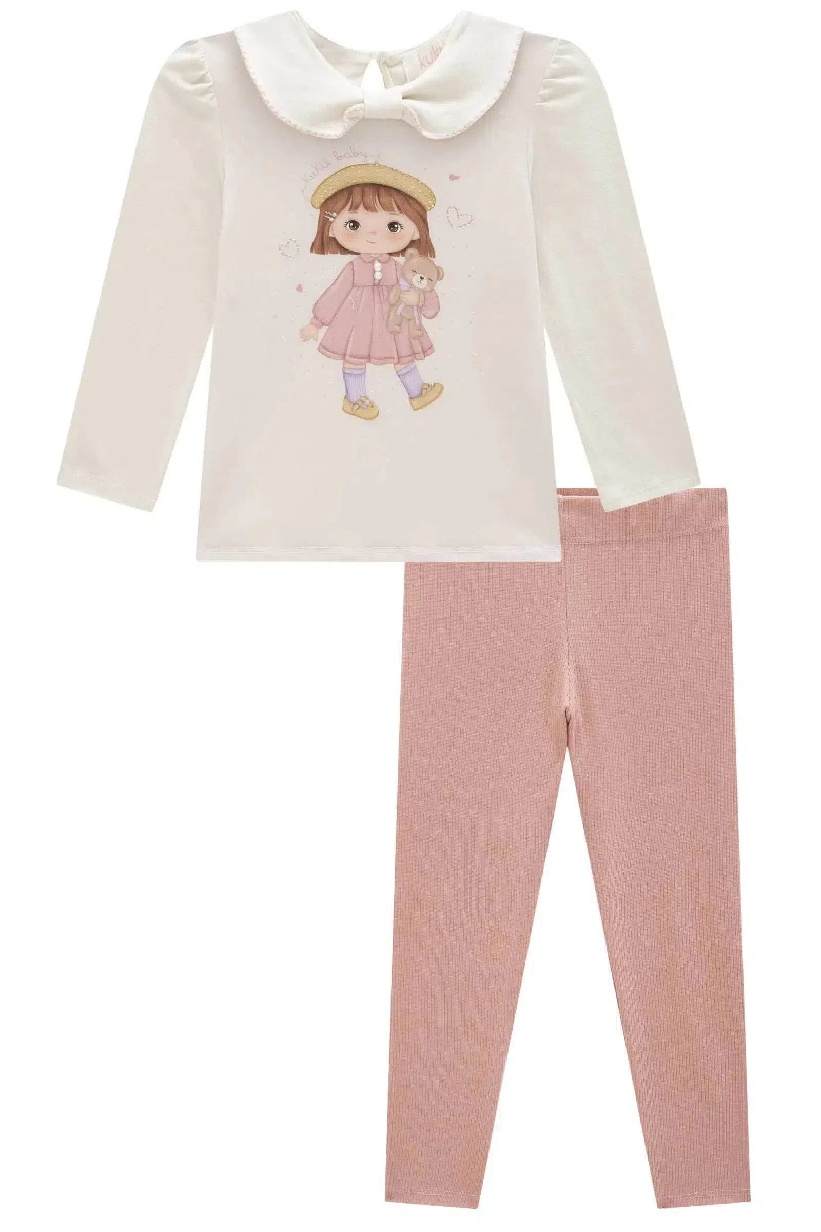 Conjunto de Bata em Cotton e Calça Legging em Canelado 80622 Kukiê Bebê Menina