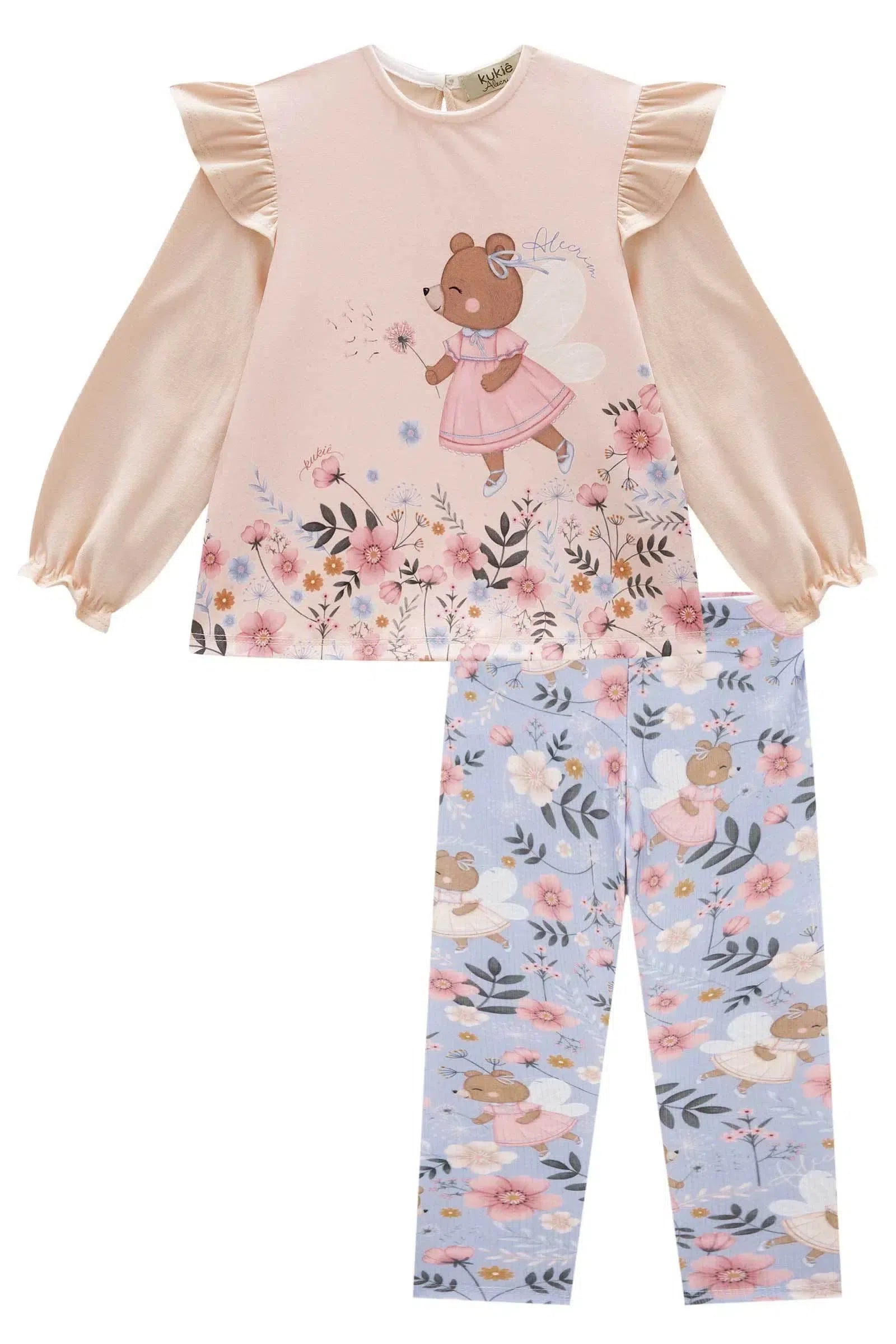 Conjunto de Bata em Cotton e Calça Legging em Canelado 79114 Kukiê Bebê Menina