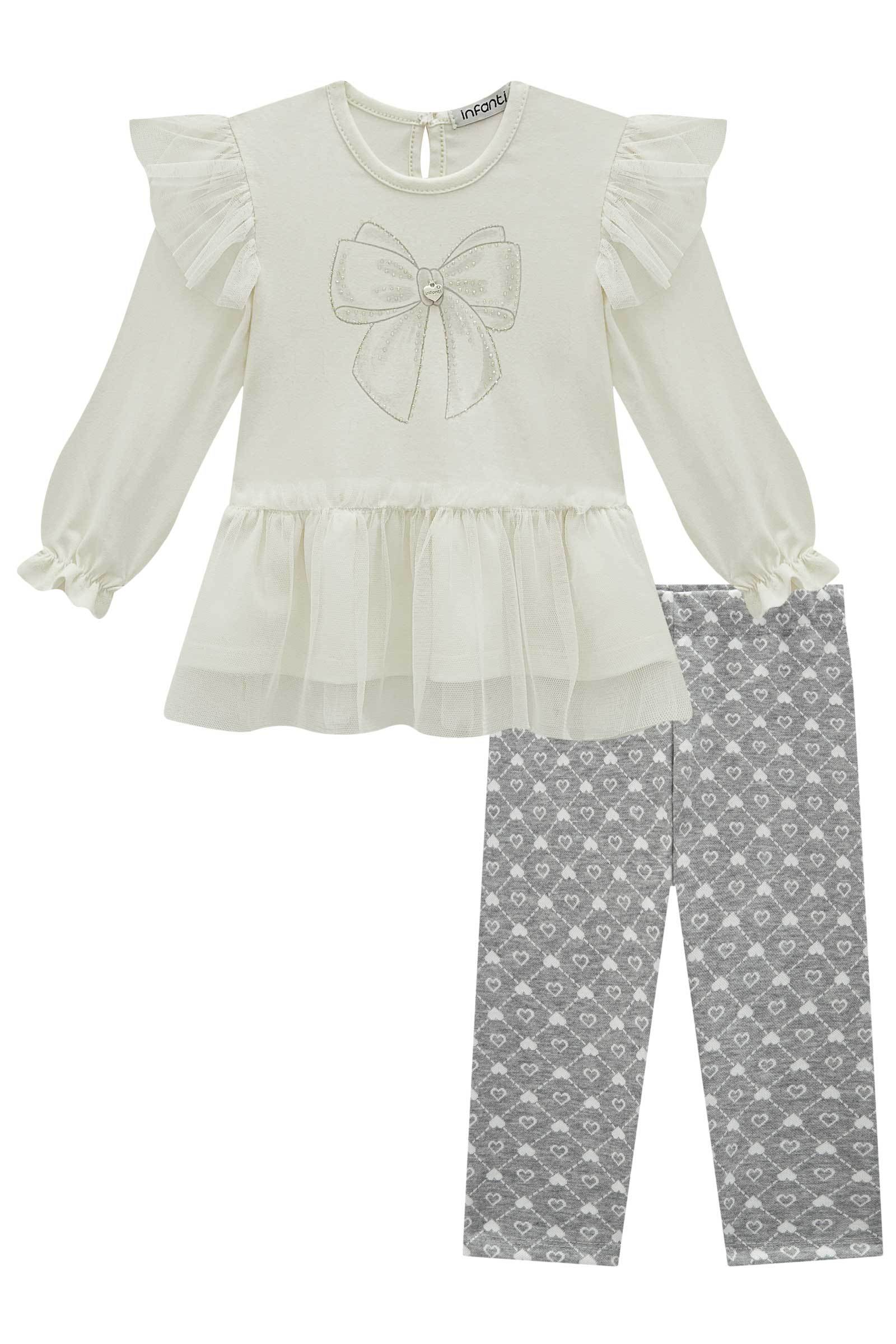 Conjunto de Bata em Cotton e Tule com Calça Legging em Jacquard Corações 80354 Infanti Bebê Menina