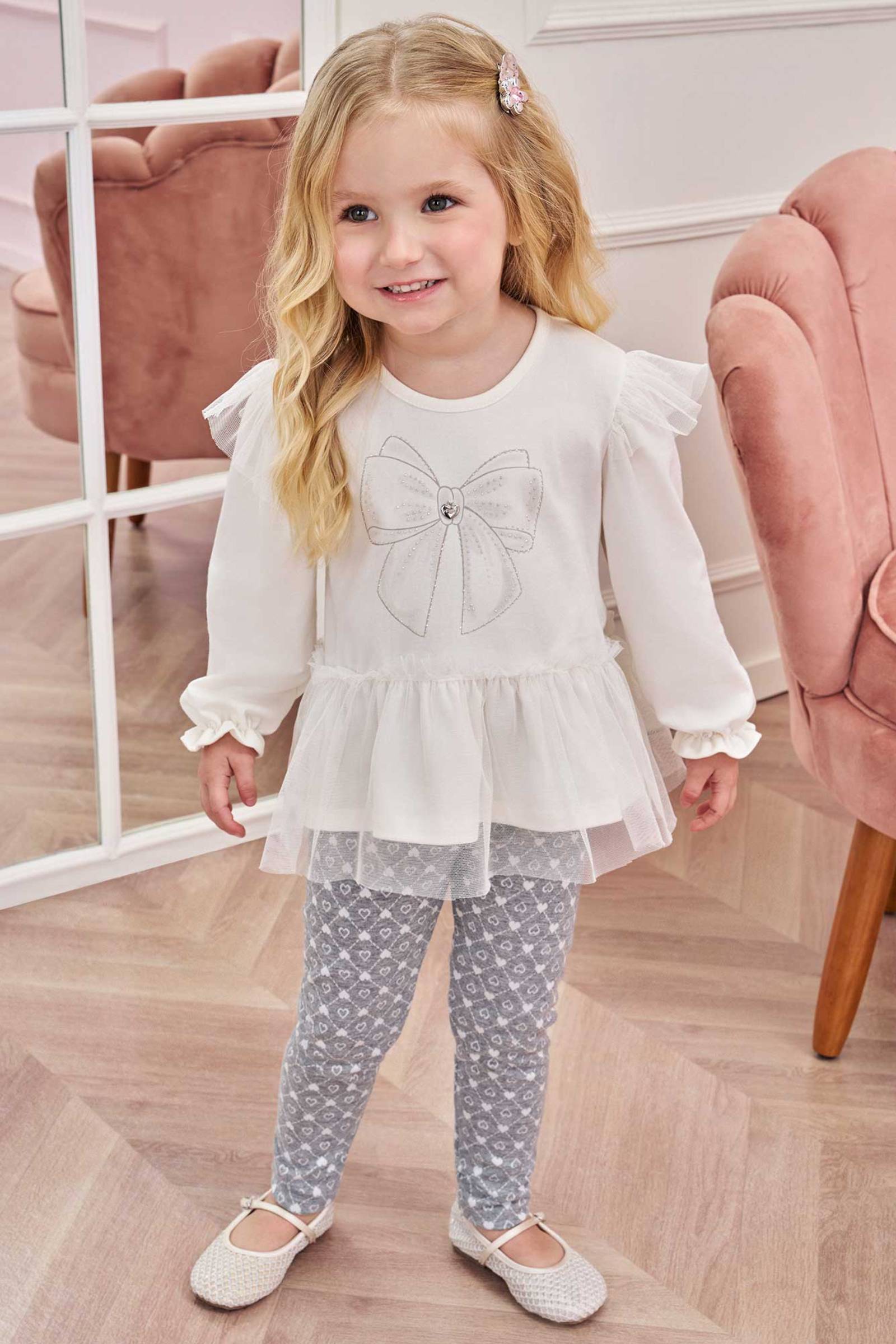 Conjunto de Bata em Cotton e Tule com Calça Legging em Jacquard Corações 80354 Infanti Bebê Menina