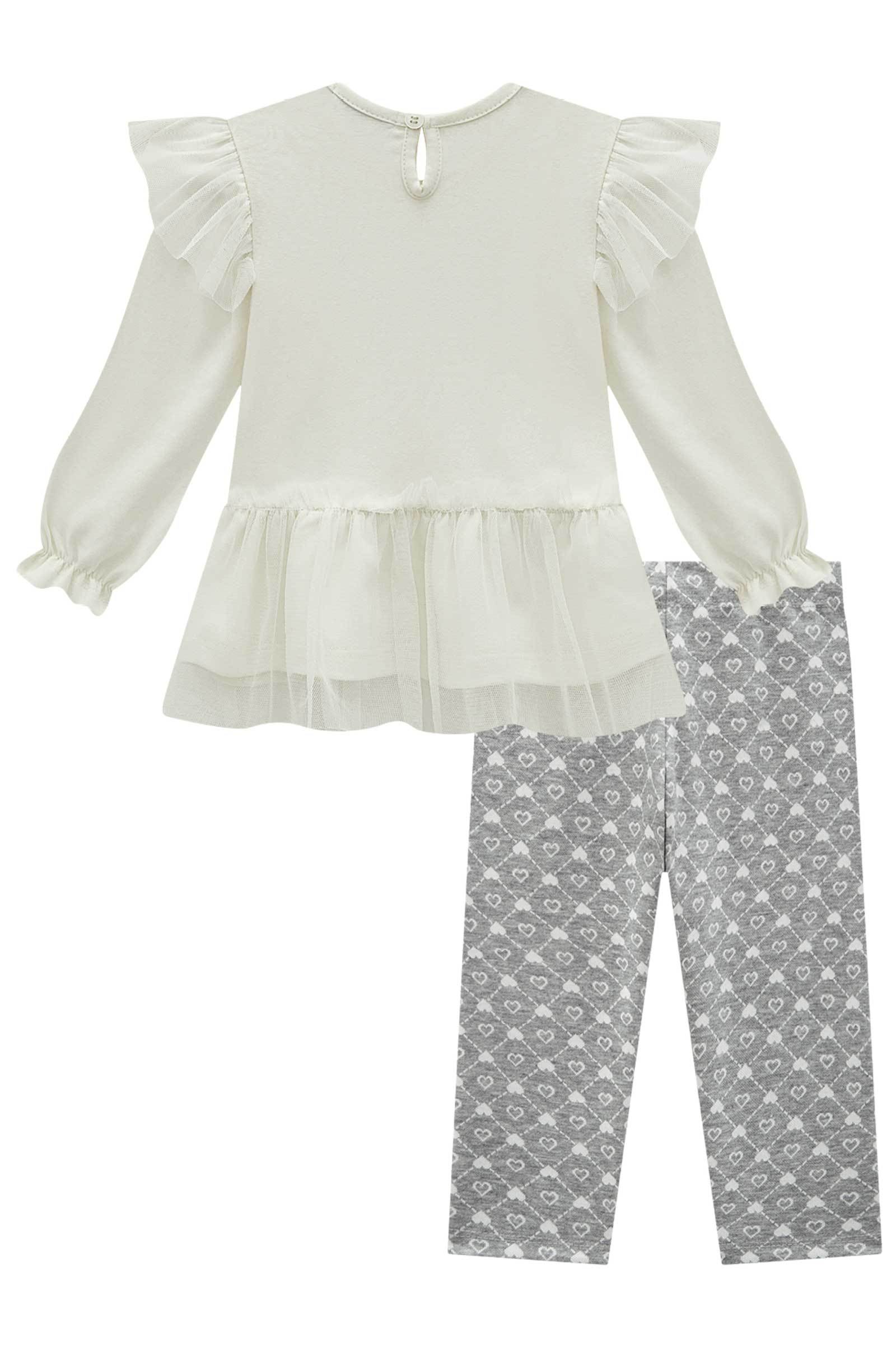 Conjunto de Bata em Cotton e Tule com Calça Legging em Jacquard Corações 80354 Infanti Bebê Menina