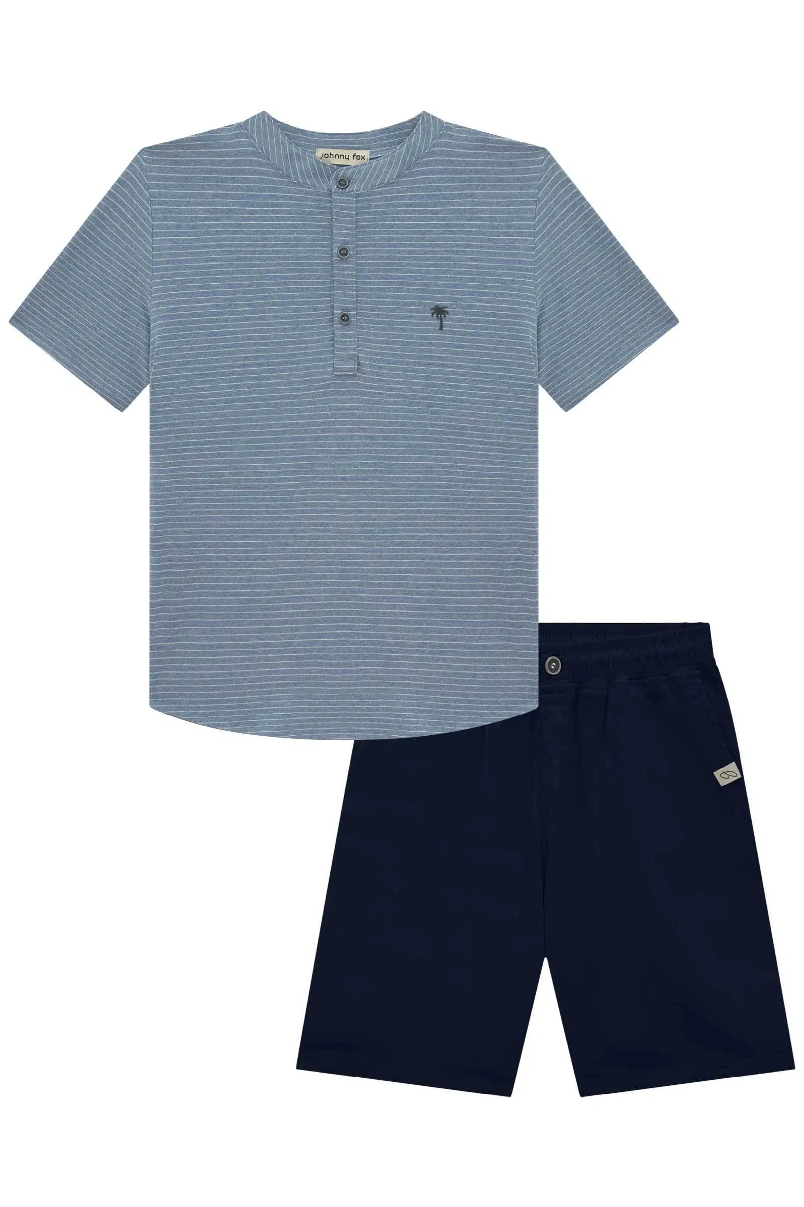 Conjunto de Bata em Cotton Listrado Fio Tinto e Bermuda em Sarja Ônix com Elastano 78480 Johnny Fox