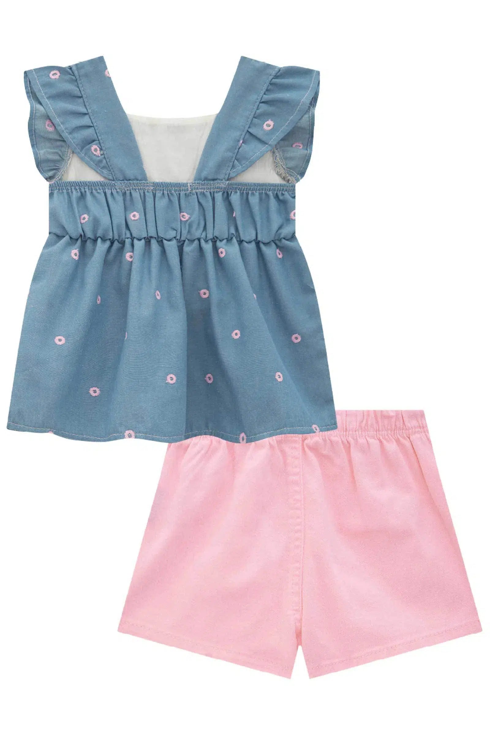 Conjunto de Bata em Jeans Bordado com Shorts em Sarja Onix com Elastano 78219 Infanti