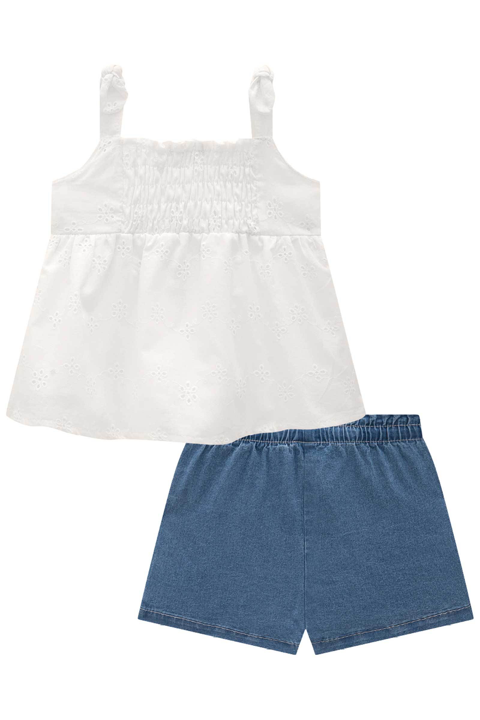 Conjunto de Bata em Laise e Shorts em Jeans com Elastano 77484 Kukiê