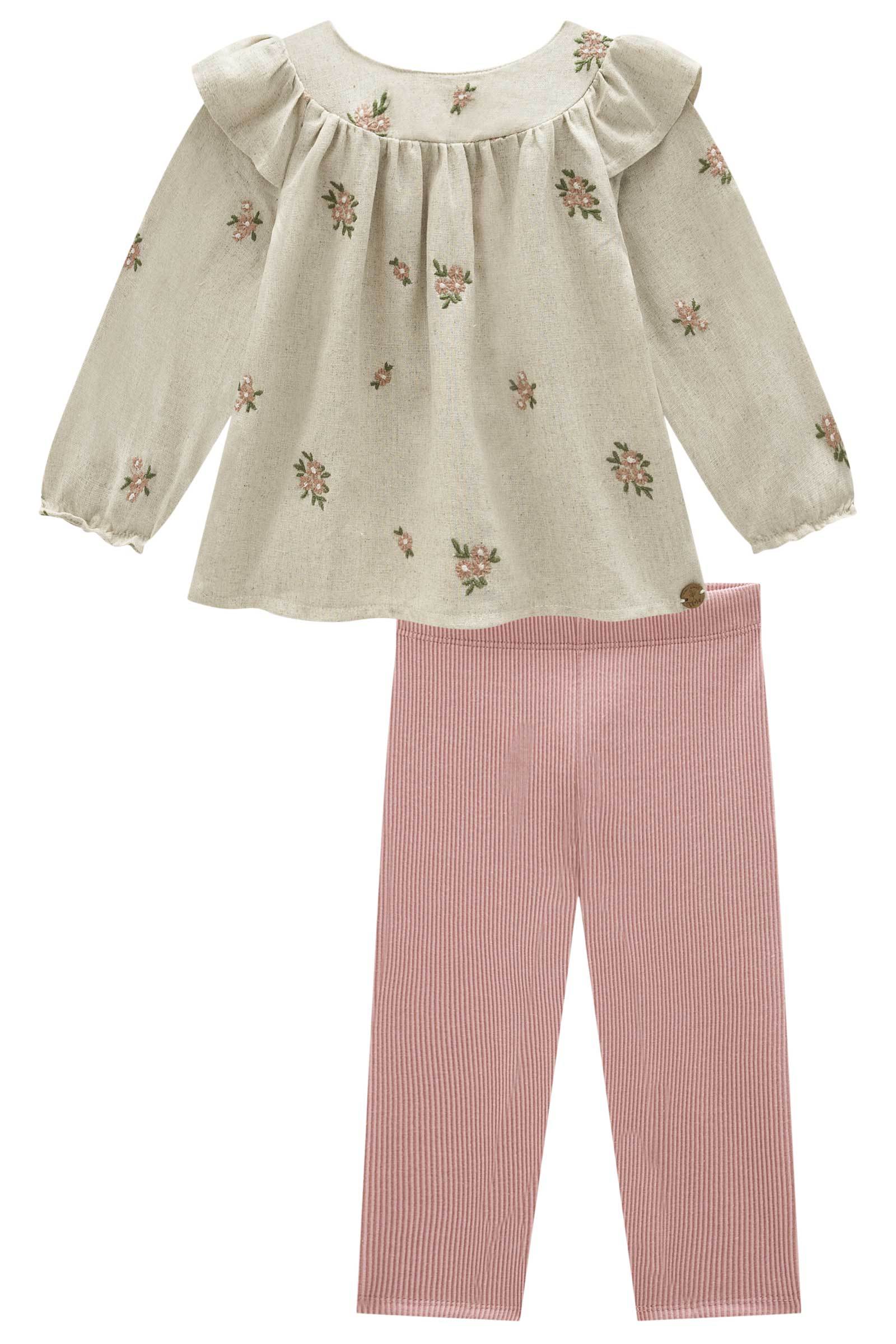 Conjunto de Bata em Linho Bordado Flores com Calça Legging em Malha Soft Line 79454 Infanti Bebê Menina