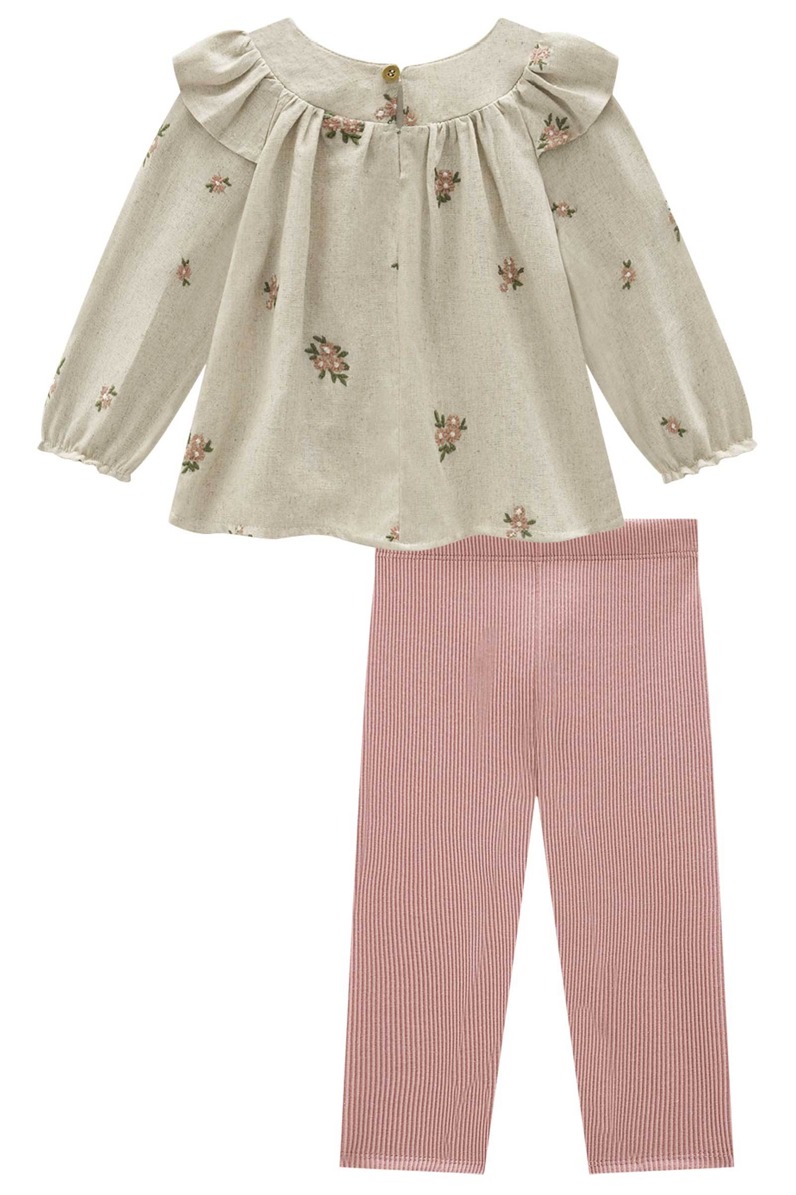 Conjunto de Bata em Linho Bordado Flores com Calça Legging em Malha Soft Line 79454 Infanti Bebê Menina