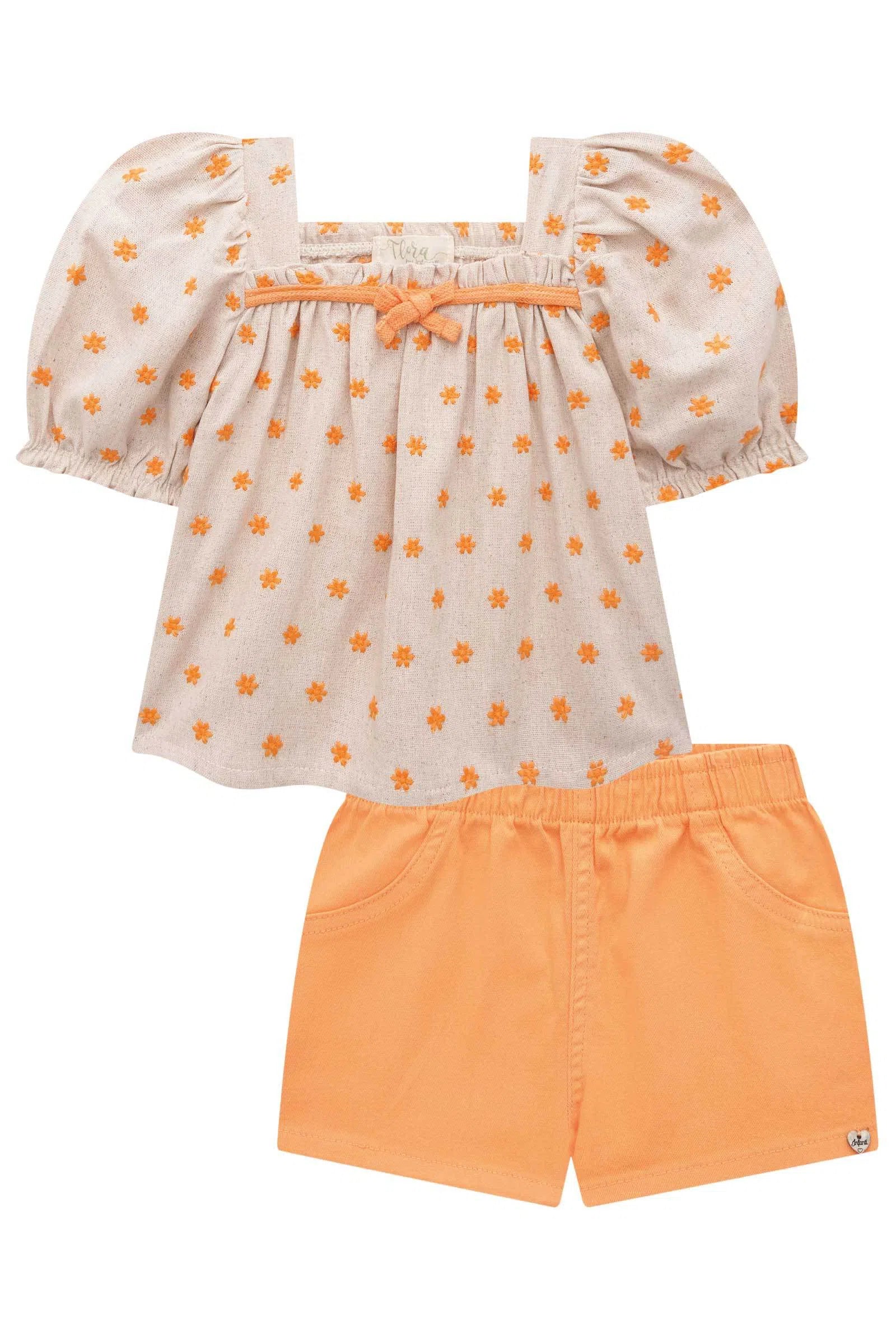 Conjunto de Bata em Linho Bordado Flores com Shorts em Sarja Daryl com Elastano 74762 Infanti