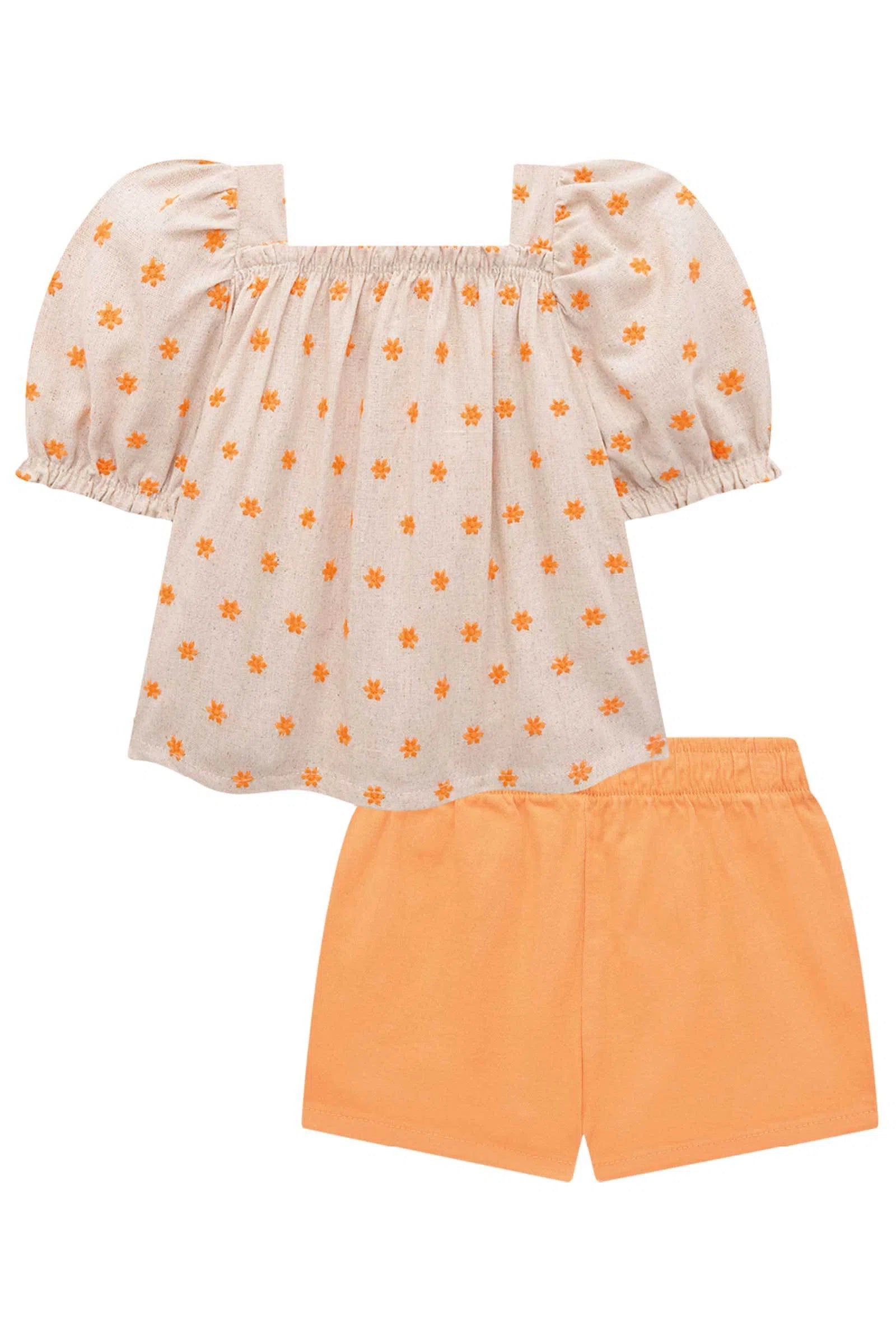 Conjunto de Bata em Linho Bordado Flores com Shorts em Sarja Daryl com Elastano 74762 Infanti