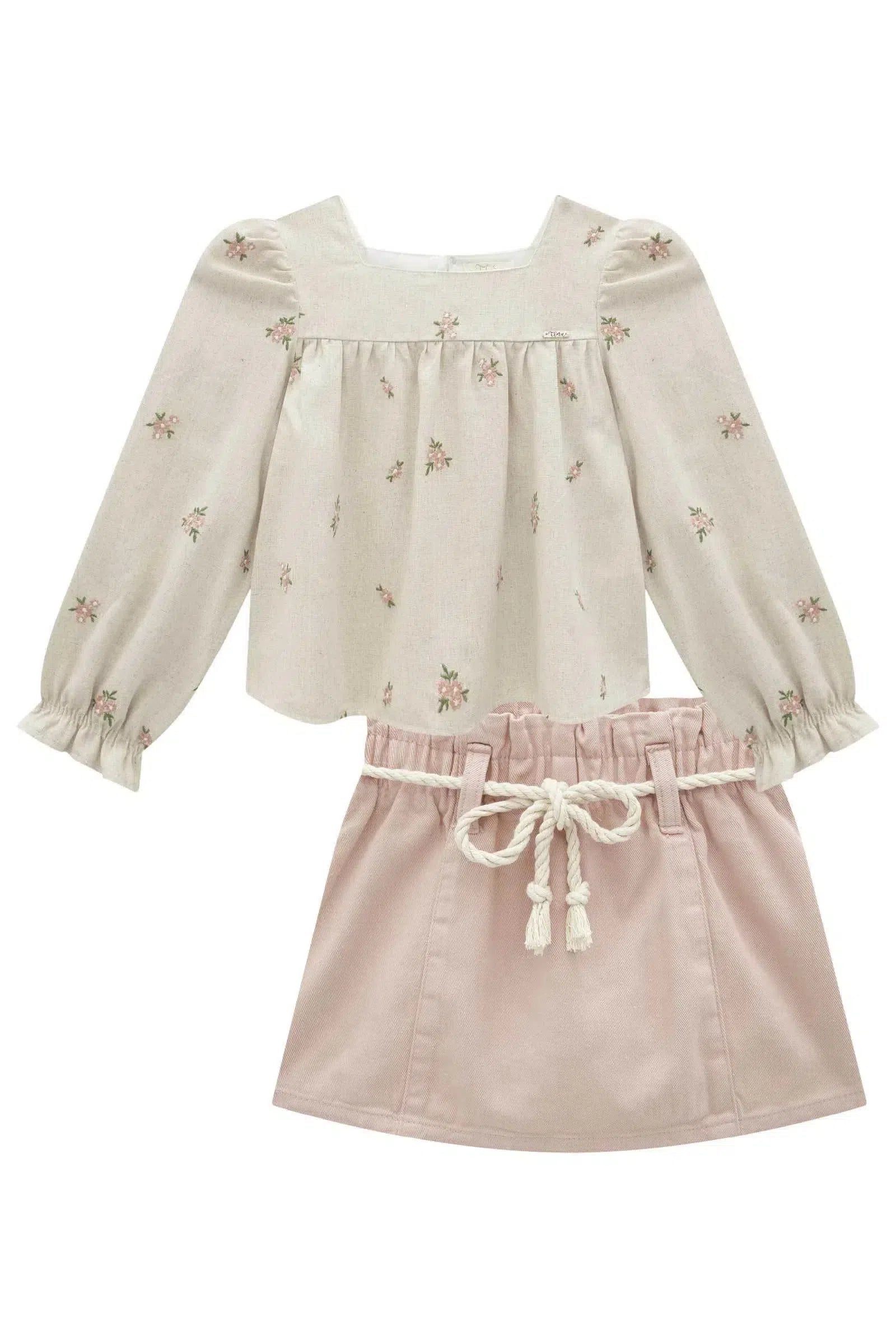 Conjunto de Bata em Linho Bordado Flores e Short Saia em Sarja com Elastano 79575 Infanti Infantil Menina