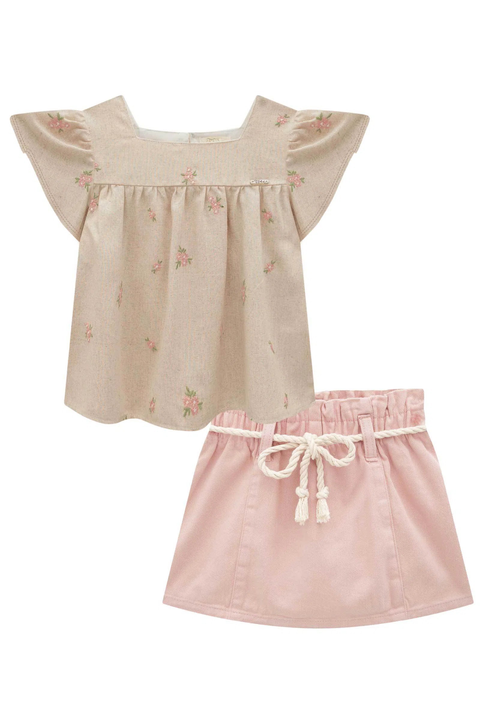 Conjunto Infantil de Bata em Linho Bordado Flores e Short Saia em Sarja com Elastano 82170 Infanti