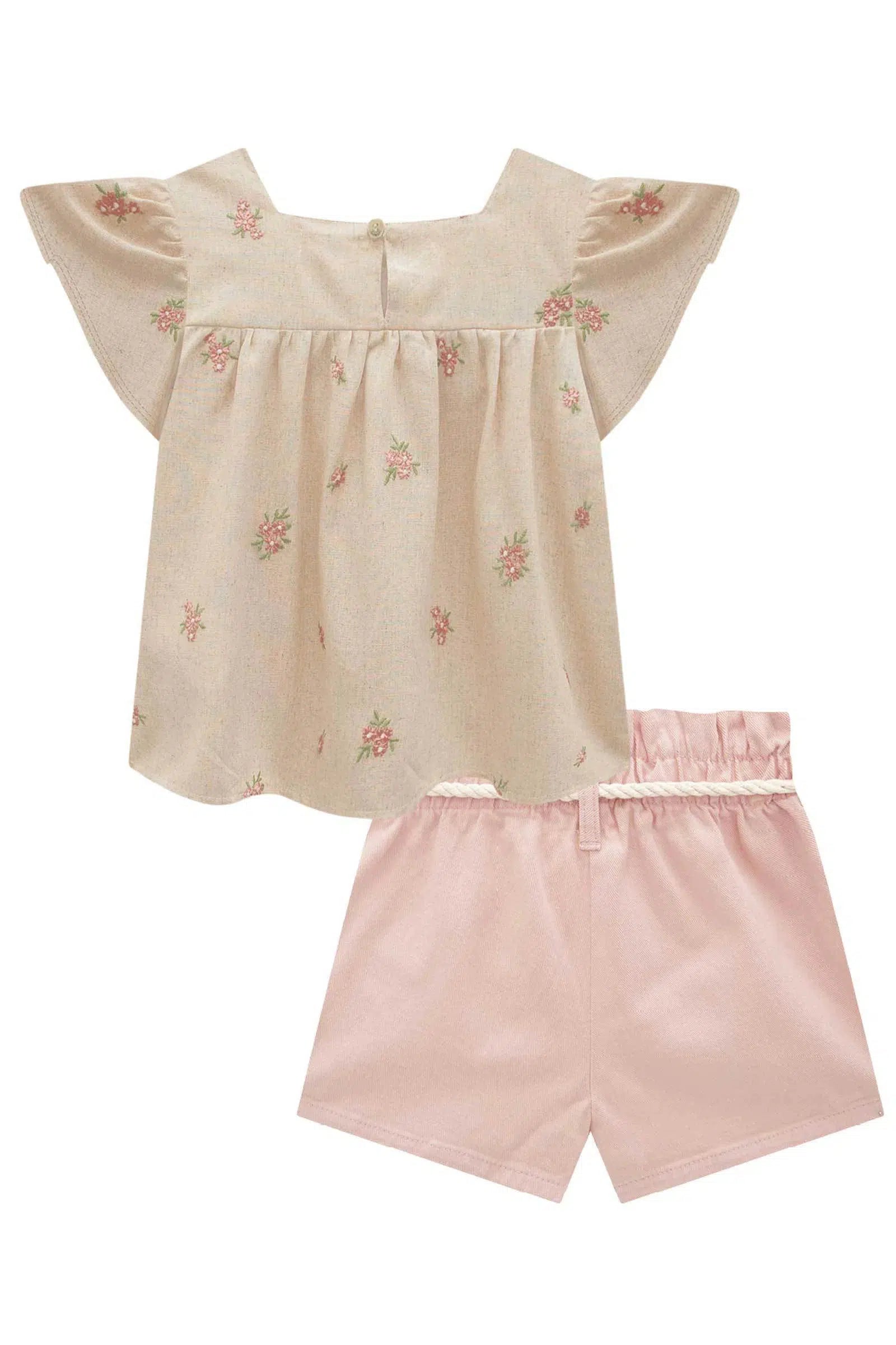 Conjunto Infantil de Bata em Linho Bordado Flores e Short Saia em Sarja com Elastano 82170 Infanti