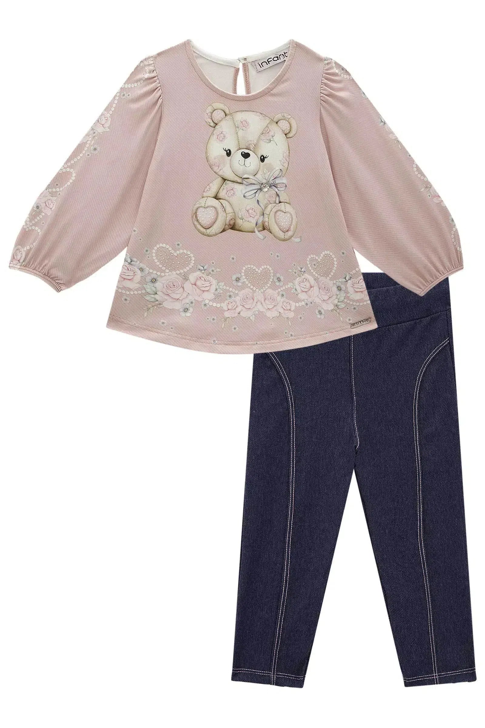 Conjunto de Bata em Malha Comfy com Calça em Cotton Jeans 80562 Infanti Bebê Menina