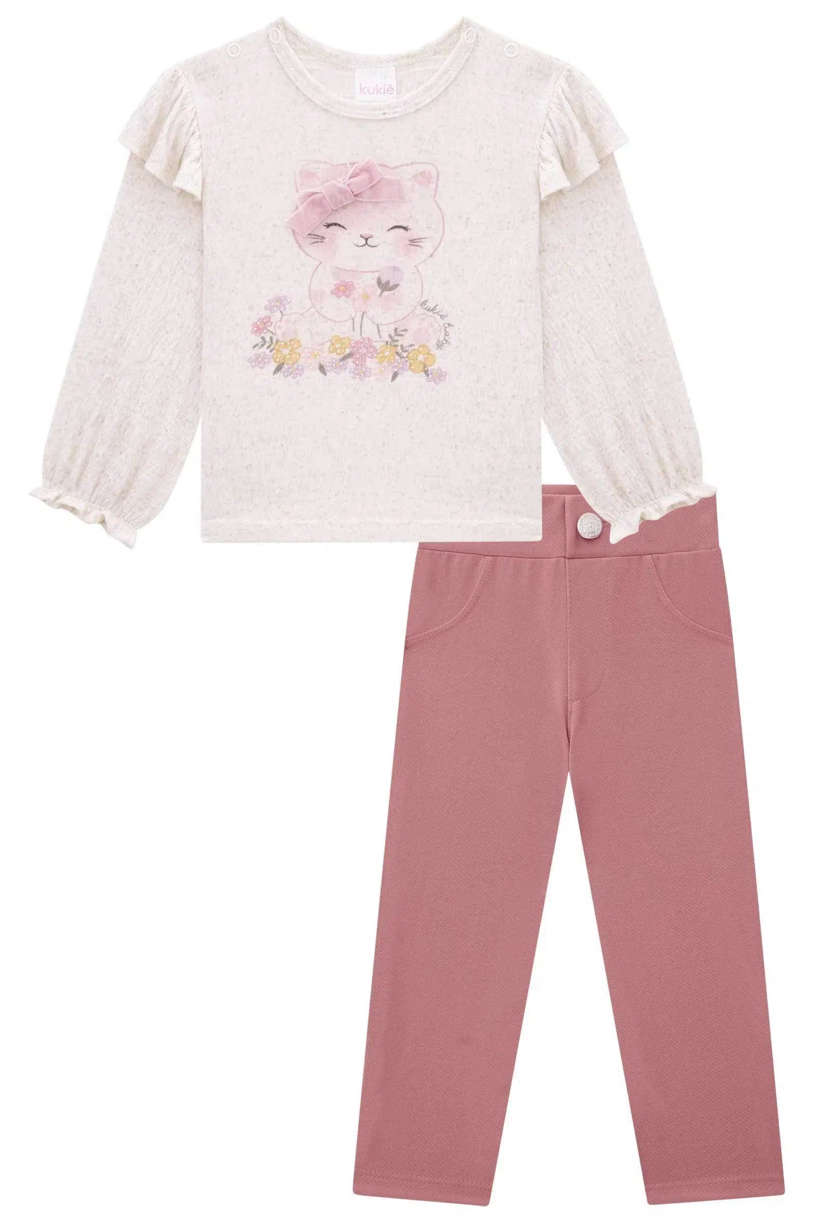 Conjunto de Bata em Malha Elastic e Calça em Cotton Jeans 72304 Kukiê