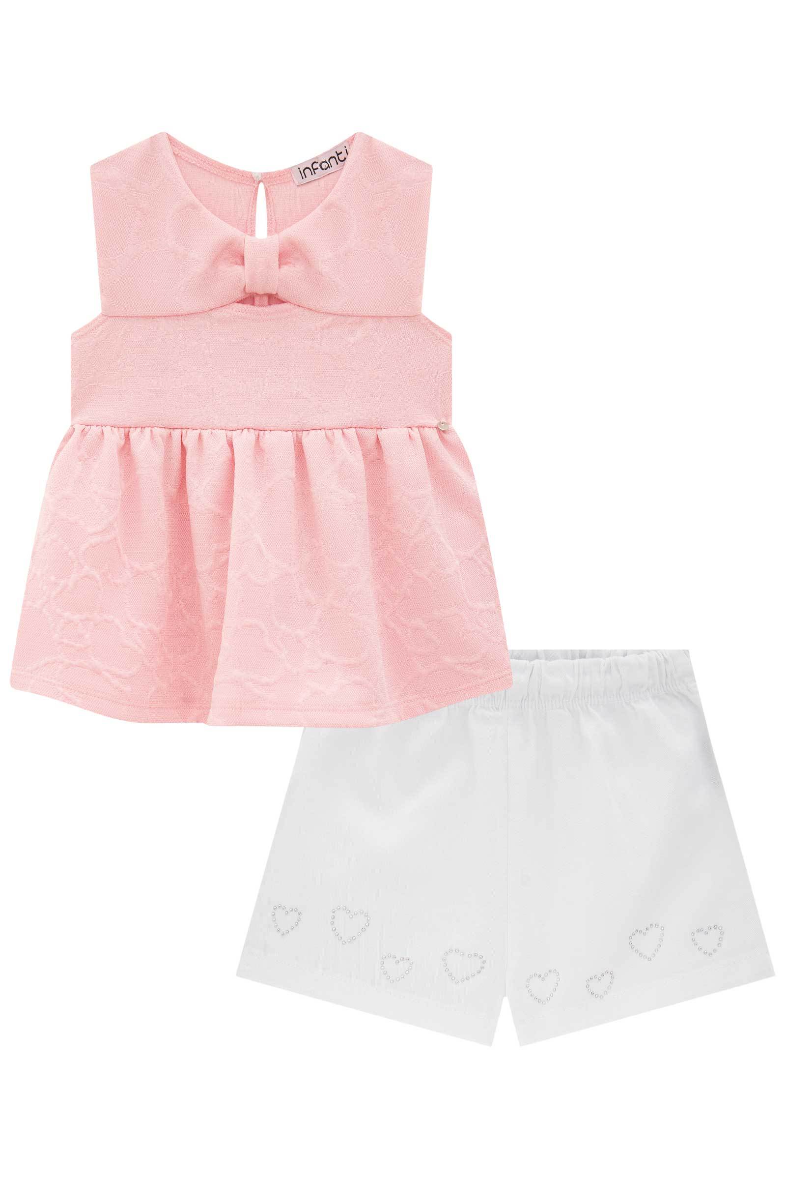 Conjunto de Bata em Malha Jacquard Coração com Shorts em Sarja Onix com Elastano 77996 Infanti