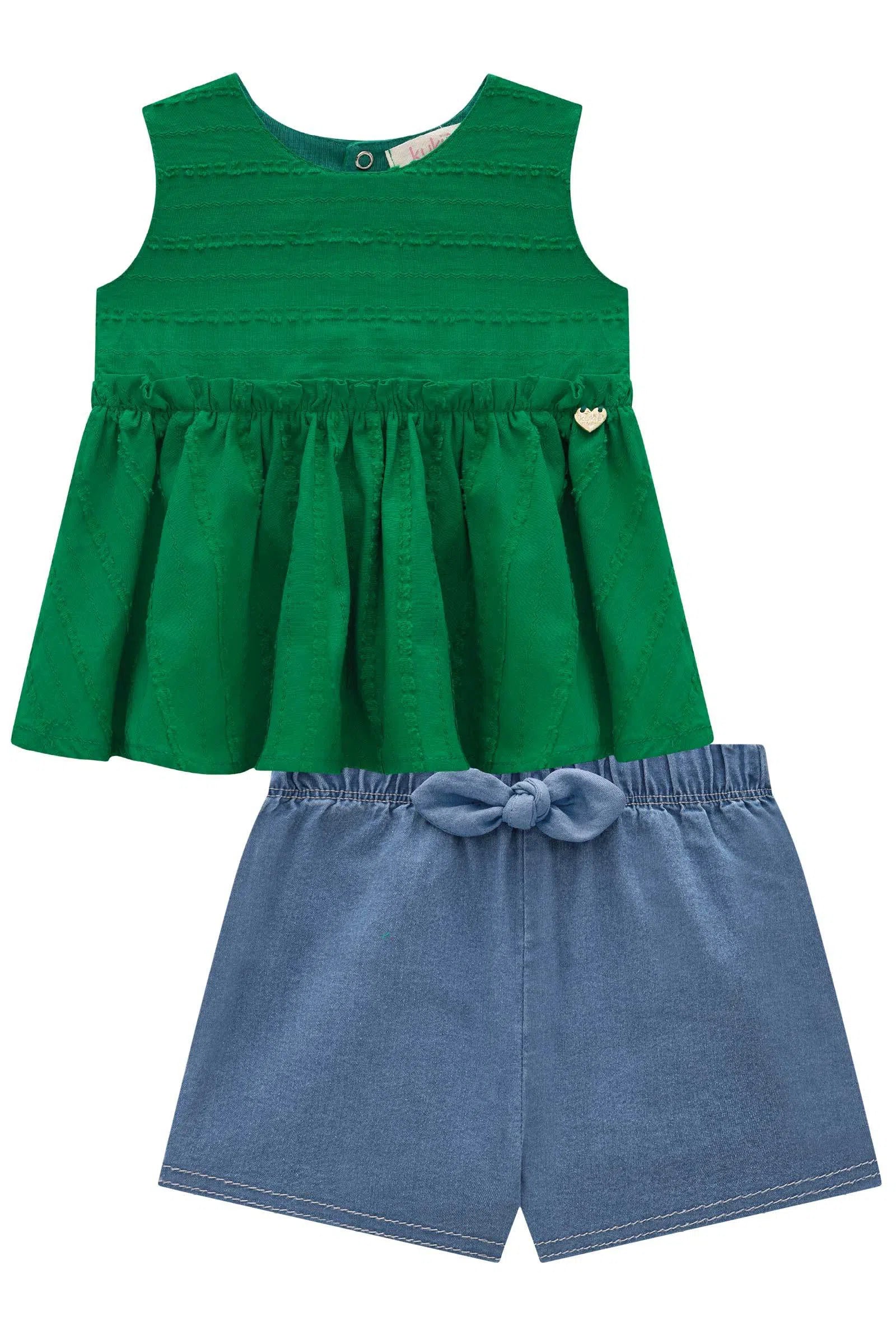 Conjunto de Bata em Tricoline Texturizado e Shorts em Jeans Liz com Elastano 77478 Kukiê