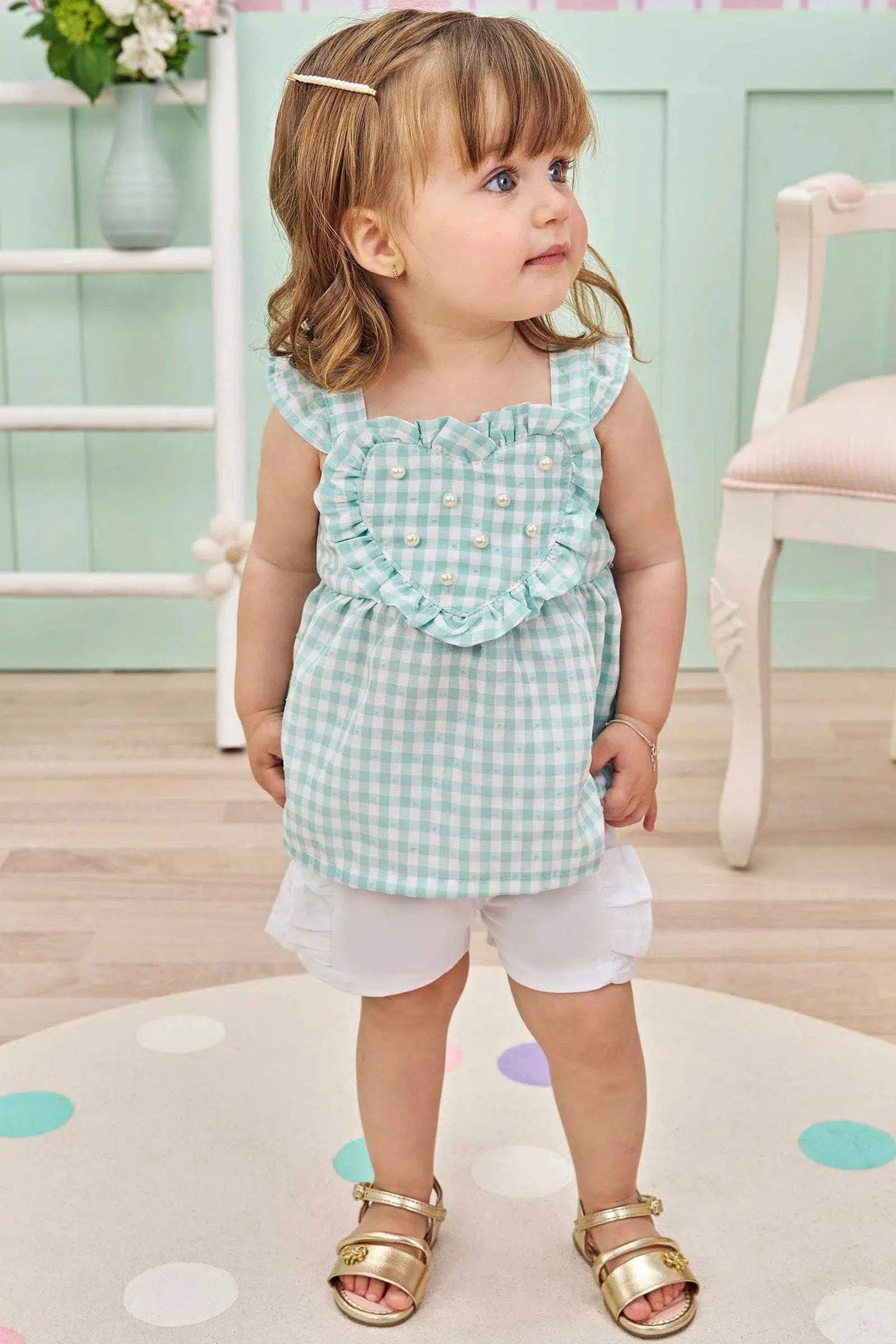 Conjunto de Bata em Tricoline Vichy e Shorts em Sarja Onix com Elastano 75452 Infanti