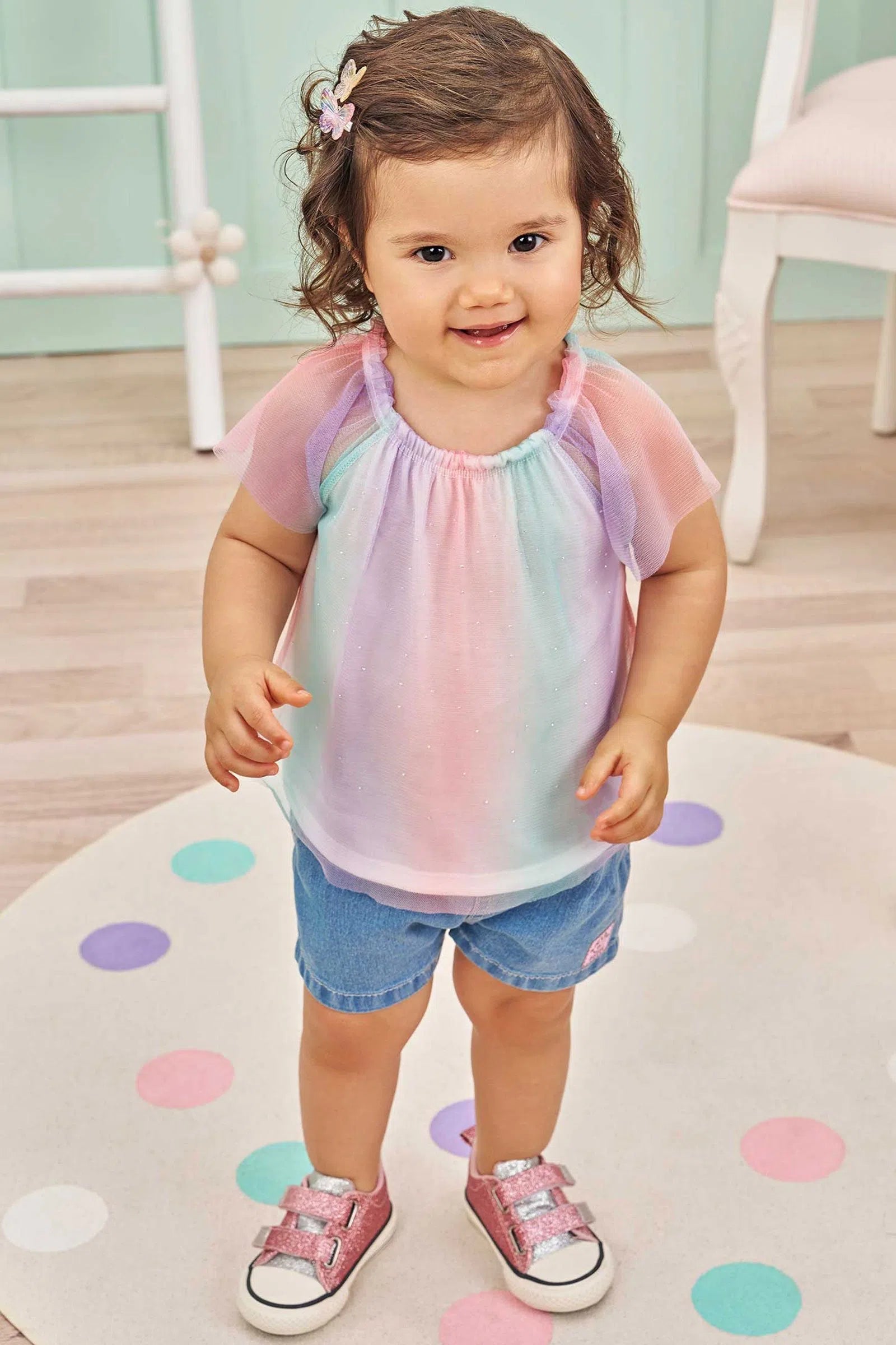 Conjunto de Bata em Tule e Malha Fresh com Shorts em Jeans Bellini com Elastano 75653 Infanti