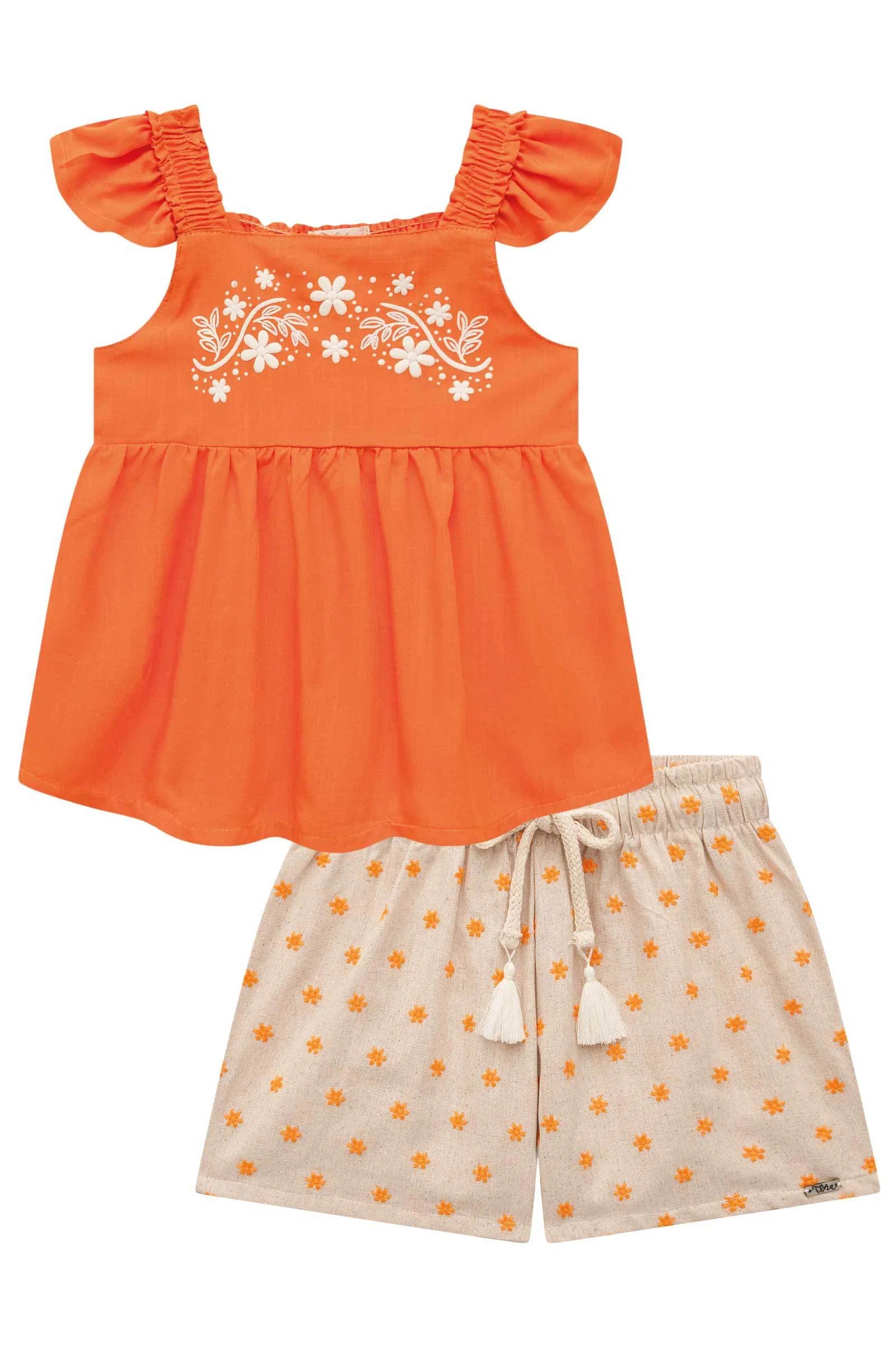 Conjunto de Bata em Viscose com Shorts em Linho Bordado Flores 74929 Infanti