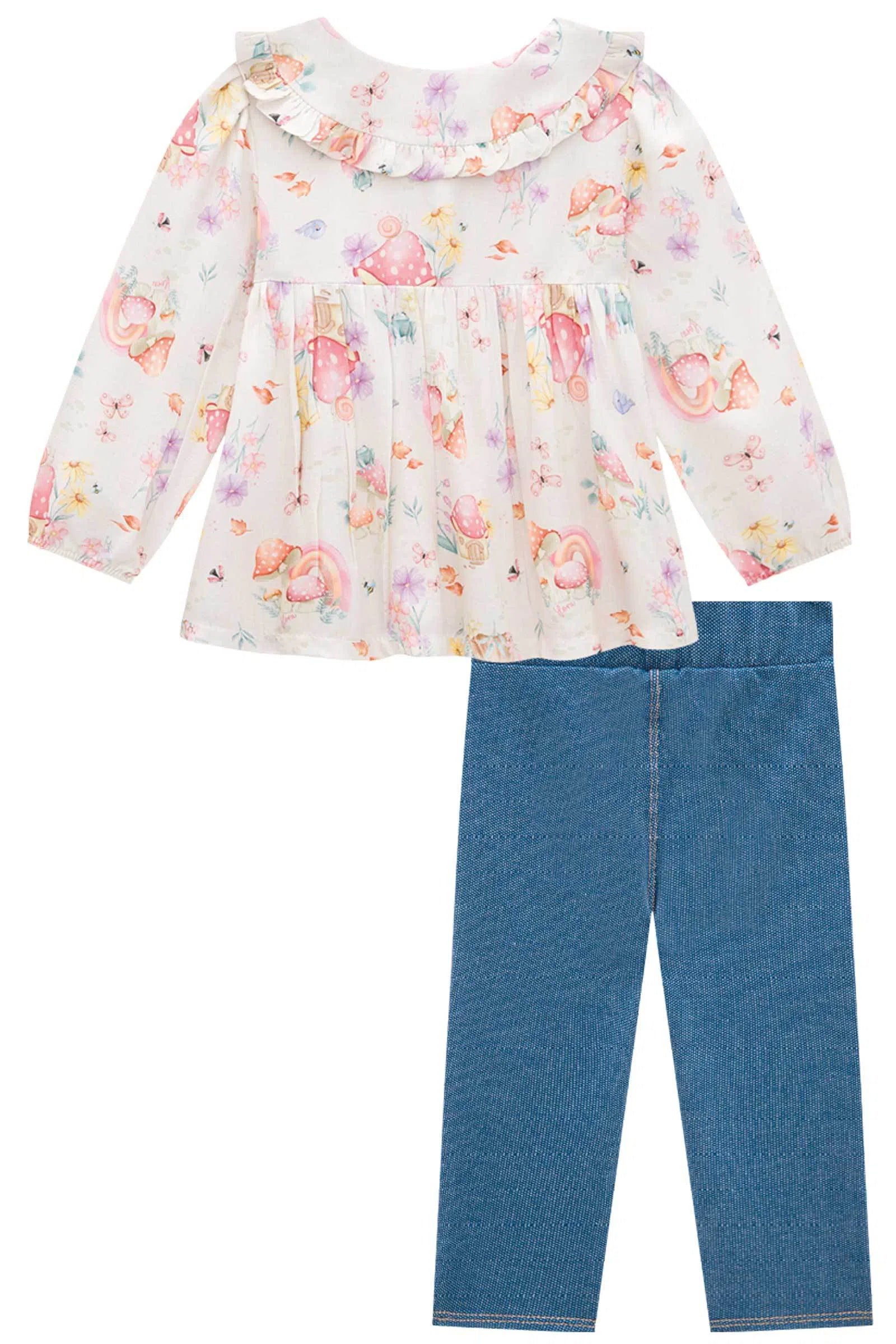 Conjunto de Bata em Viscose Digital com Legging em Malha Denim 70691 Infanti