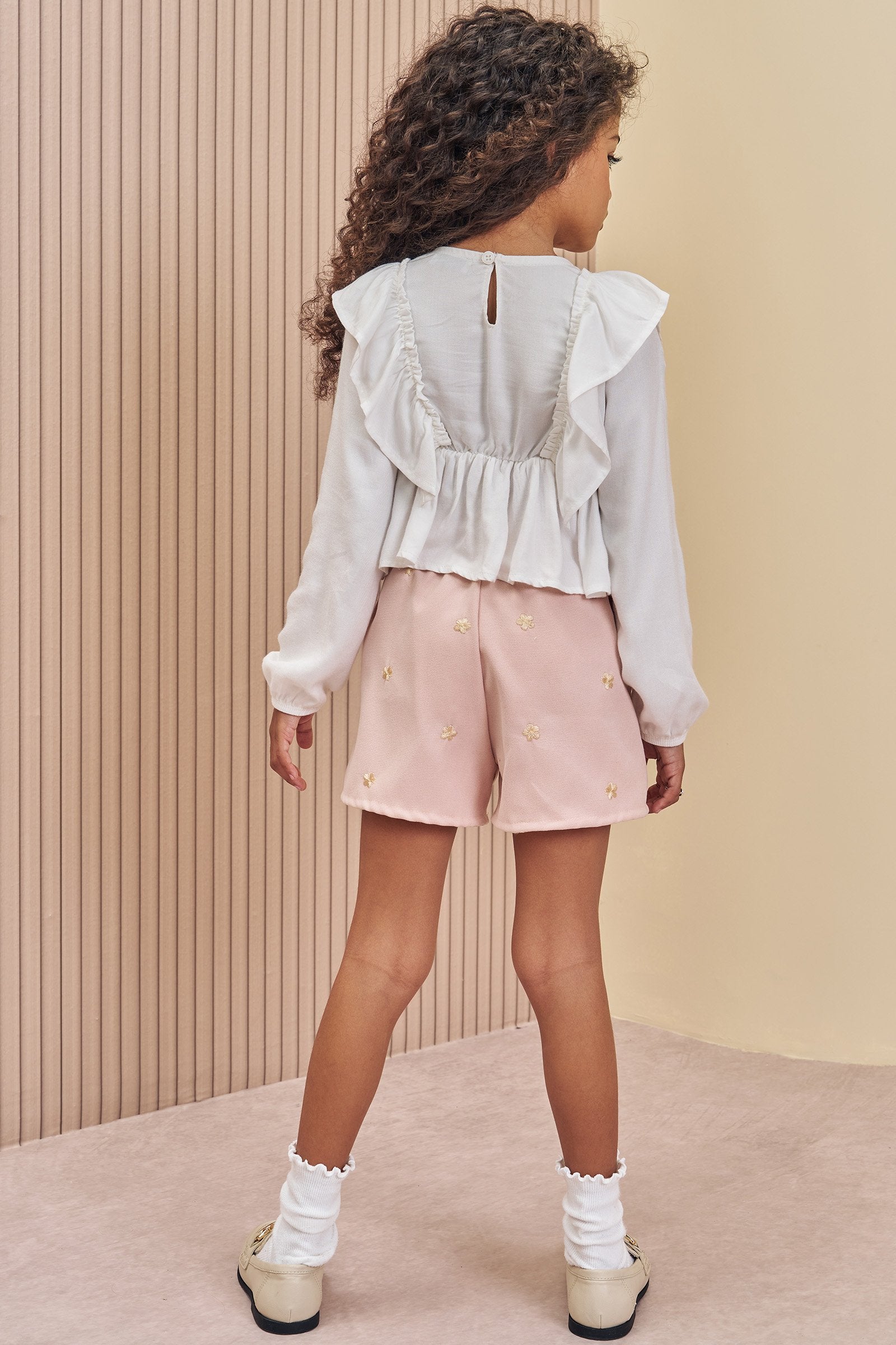 Conjunto de Bata em Viscose Sarjada com Shorts em Tecido Twill Bordado 80588 Infanti Infantil Menina