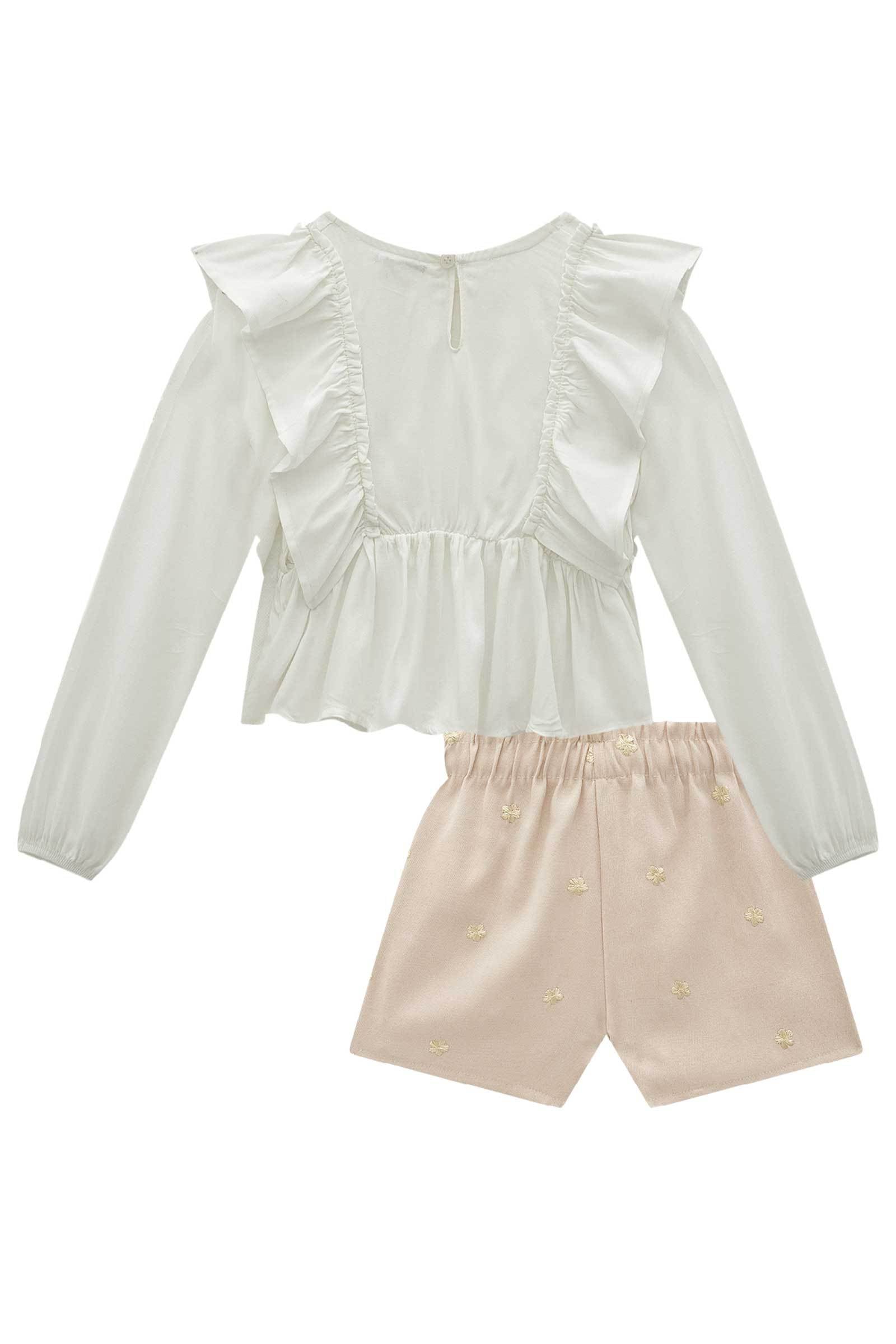 Conjunto de Bata em Viscose Sarjada com Shorts em Tecido Twill Bordado 80588 Infanti Infantil Menina