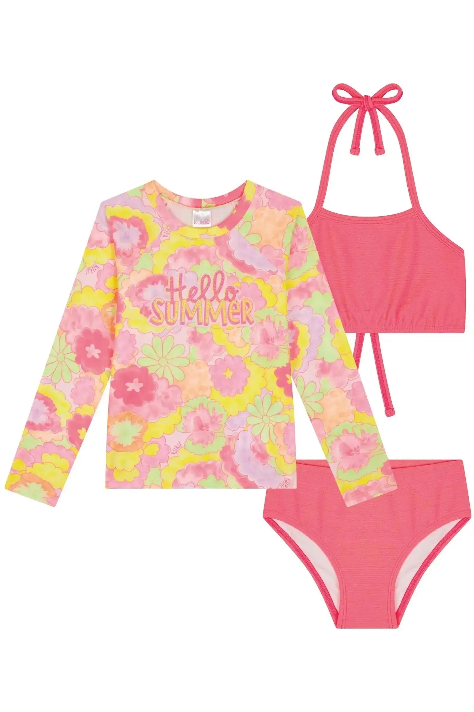 Conjunto de Biquíni e Blusa em Malha Jacquard Textura com Proteção UV 50+ 83567 Kukiê Infantil Menina