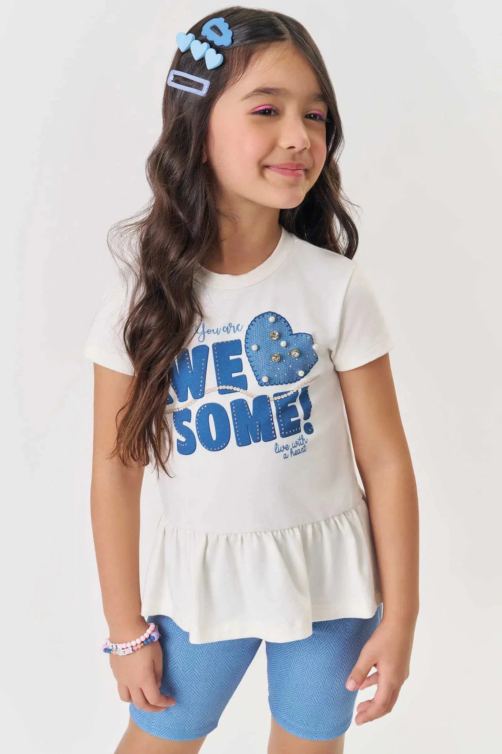 Conjunto Infantil Menina de Blusa Alongada em Cotton e Biker em Fly Tech 82299 Kukiê