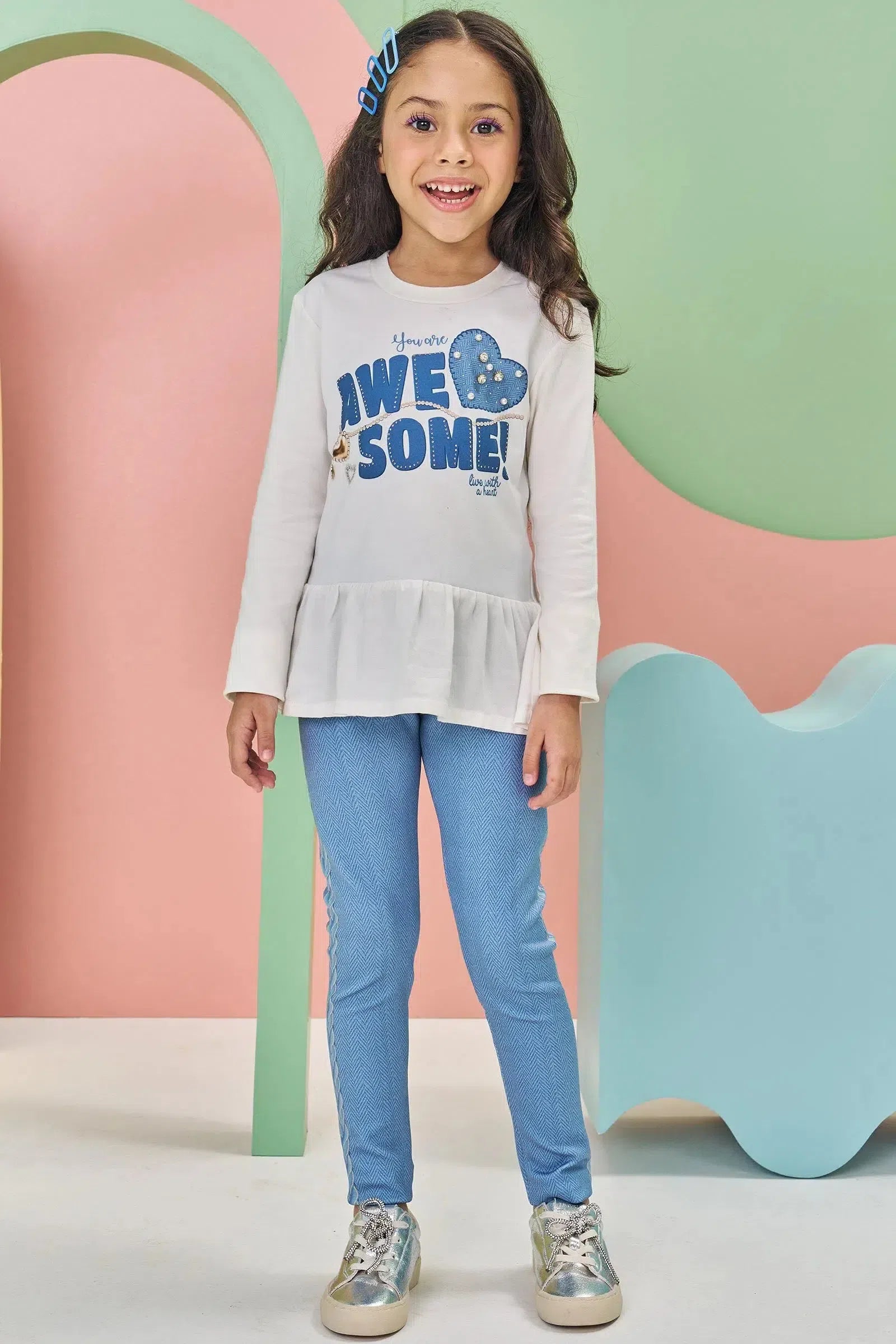 Conjunto de Blusa Alongada em Cotton e Calça Legging em Fly Tech 79877 Kukiê Infantil Menina