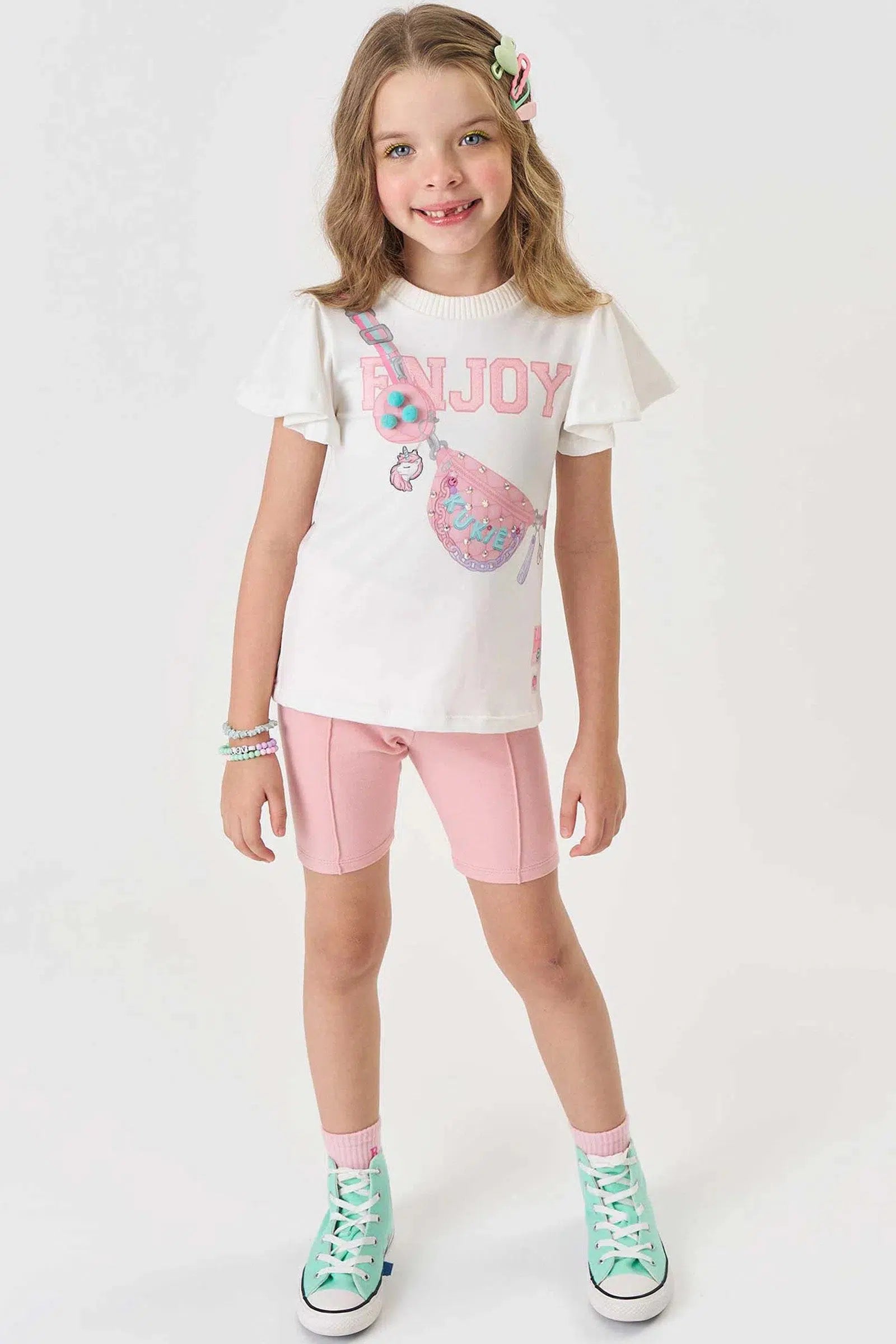 Conjunto Infantil Menina de Blusa Alongada em Malha Power e Biker em Molecotton 82404 Kukiê