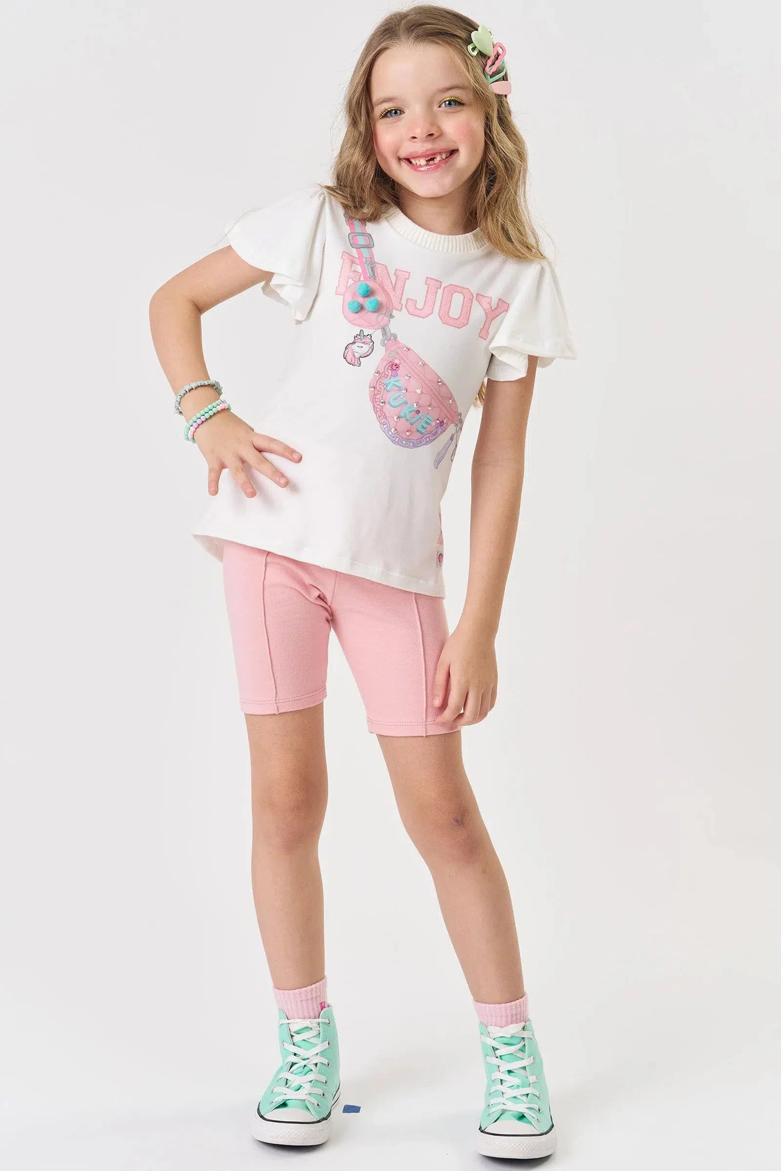 Conjunto Infantil Menina de Blusa Alongada em Malha Power e Biker em Molecotton 82404 Kukiê