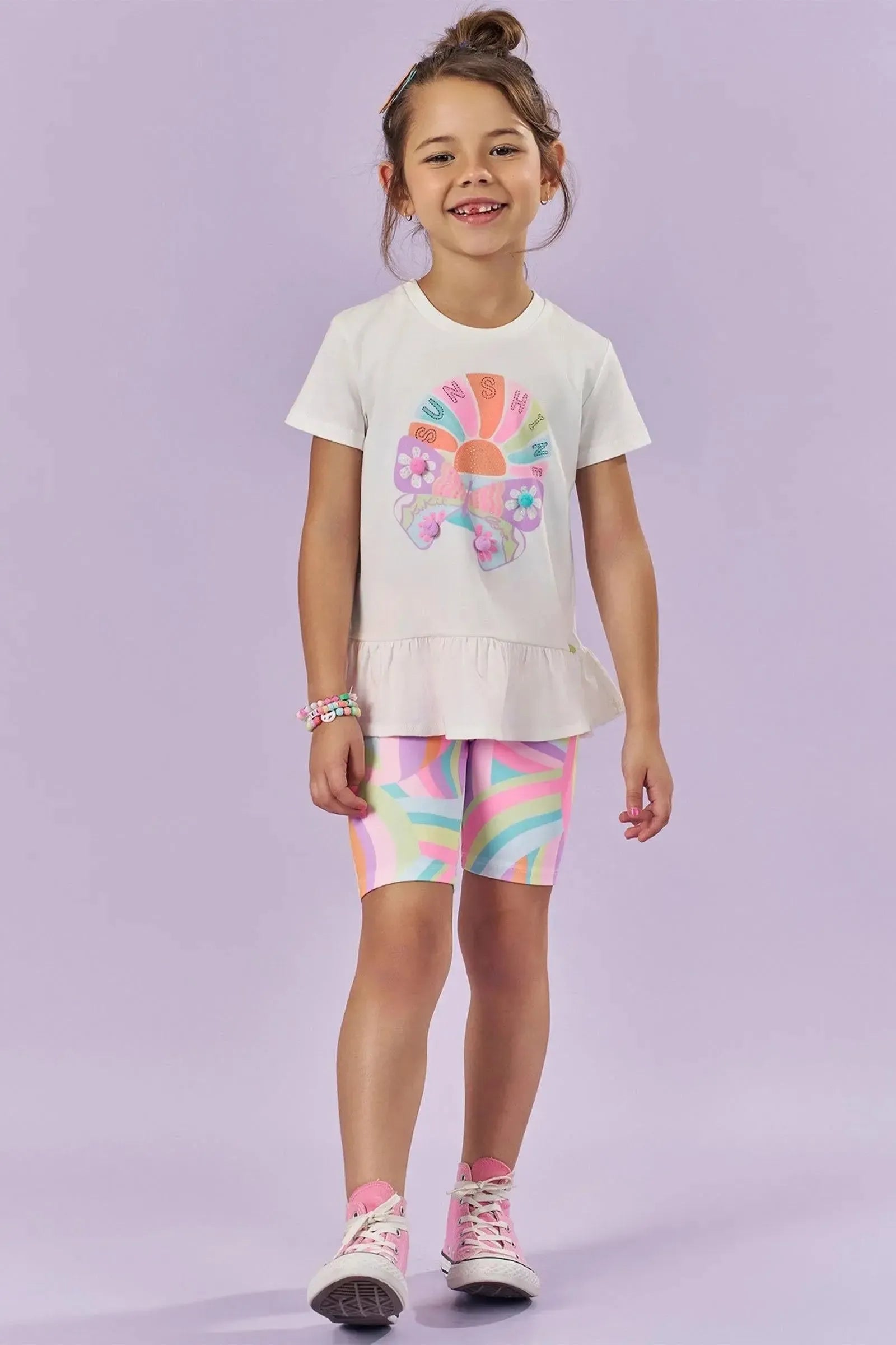 Conjunto de Blusa Alongada em Meia Malha e Biker em Fly Tech 83767 Kukiê Infantil Menina