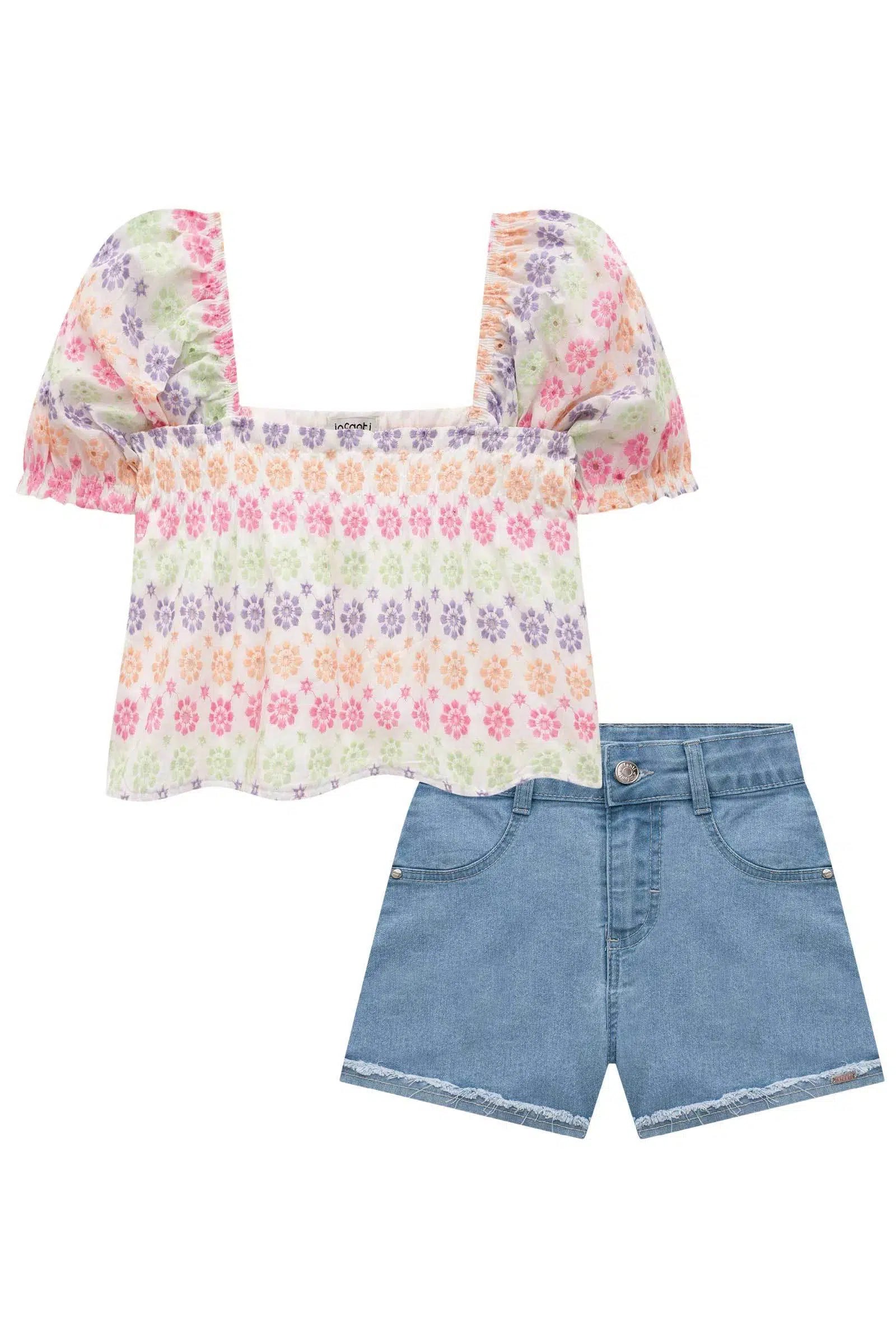 Conjunto de Blusa Bata em Laise Floreale com Shorts em Jeans Bellini com Elastano 74240 Infanti